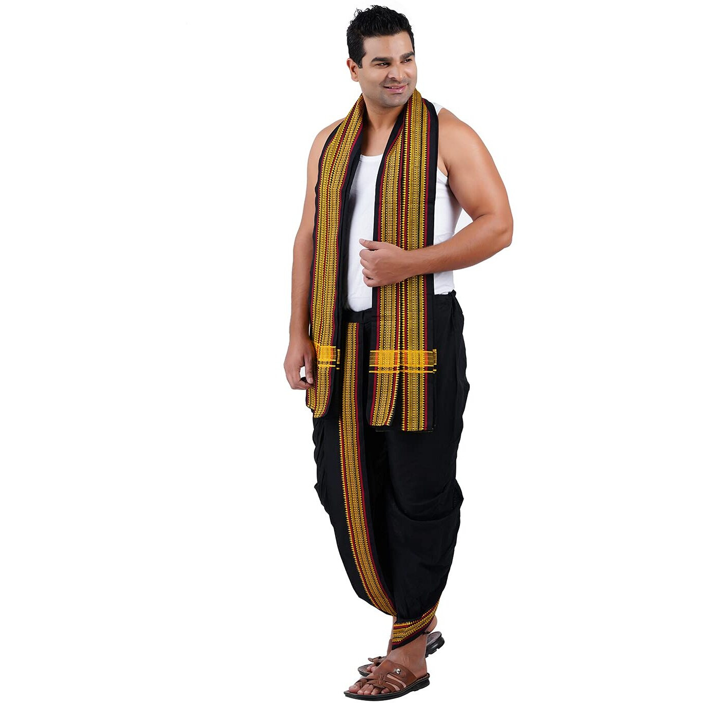 Prakasam Cotton Men's Panchakacham (Ready To Wear) Dhoti Towel Set With Pocket- Free Size. (Black)
