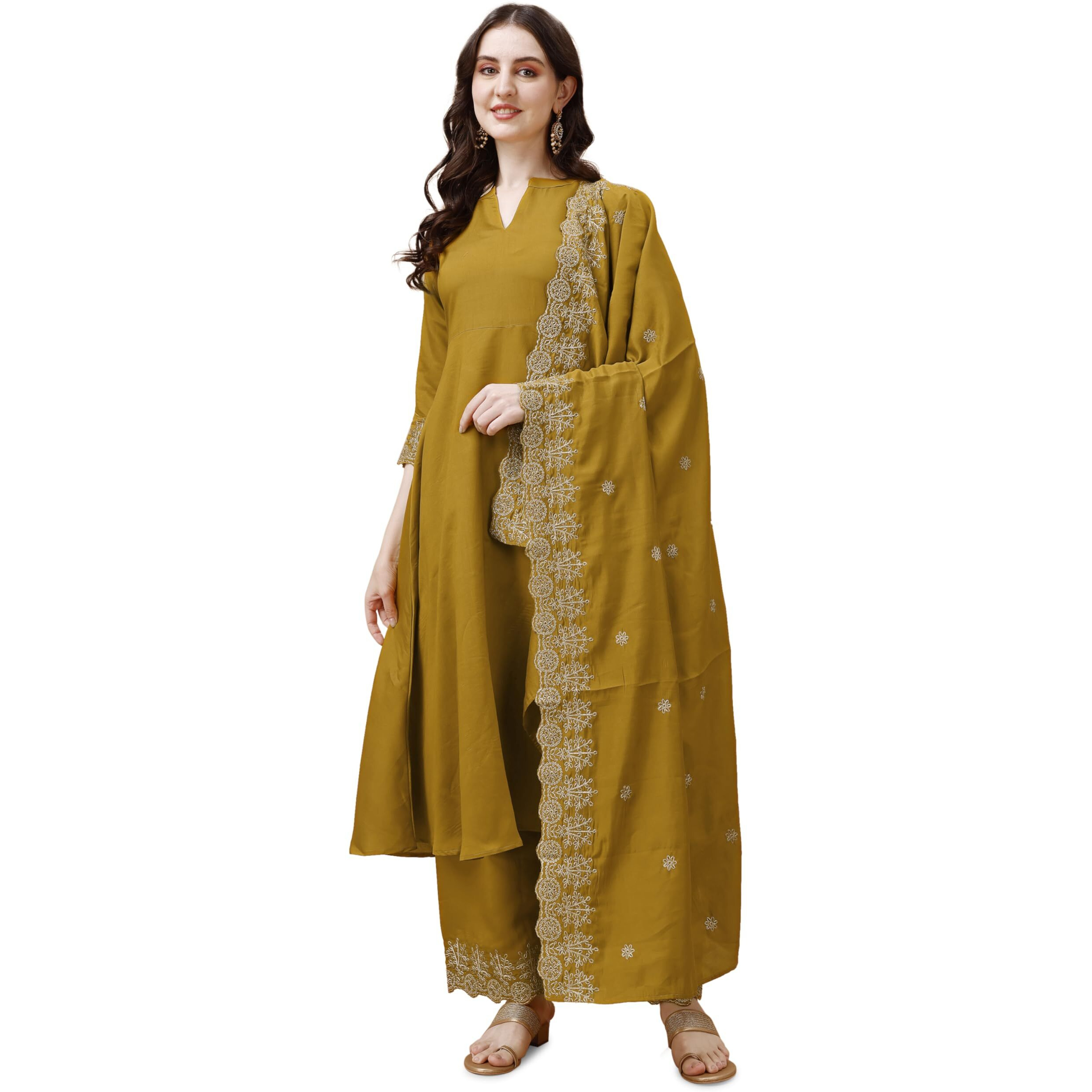 Pratham Blue Women's Silk Embroidered Anarkali Kurta With Palazzos And Dupatta (Pb-6057-Xl_Yellow)