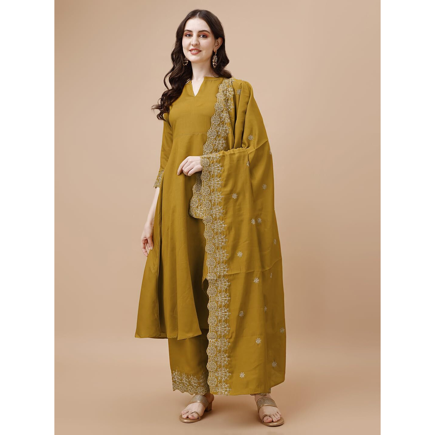 Pratham Blue Women's Silk Embroidered Anarkali Kurta With Palazzos And Dupatta (Pb-6057-Xl_Yellow)