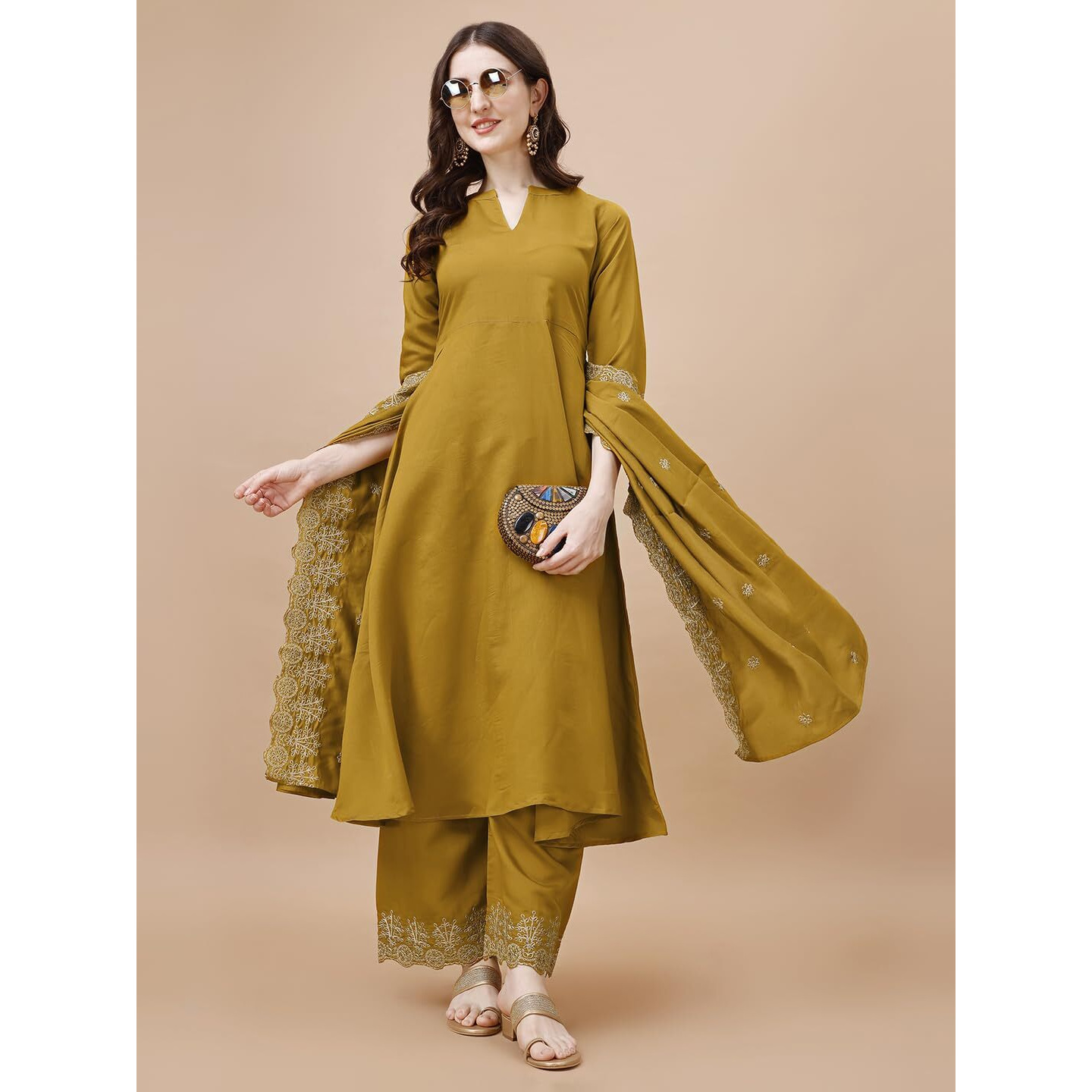 Pratham Blue Women's Silk Embroidered Anarkali Kurta With Palazzos And Dupatta (Pb-6057-Xl_Yellow)