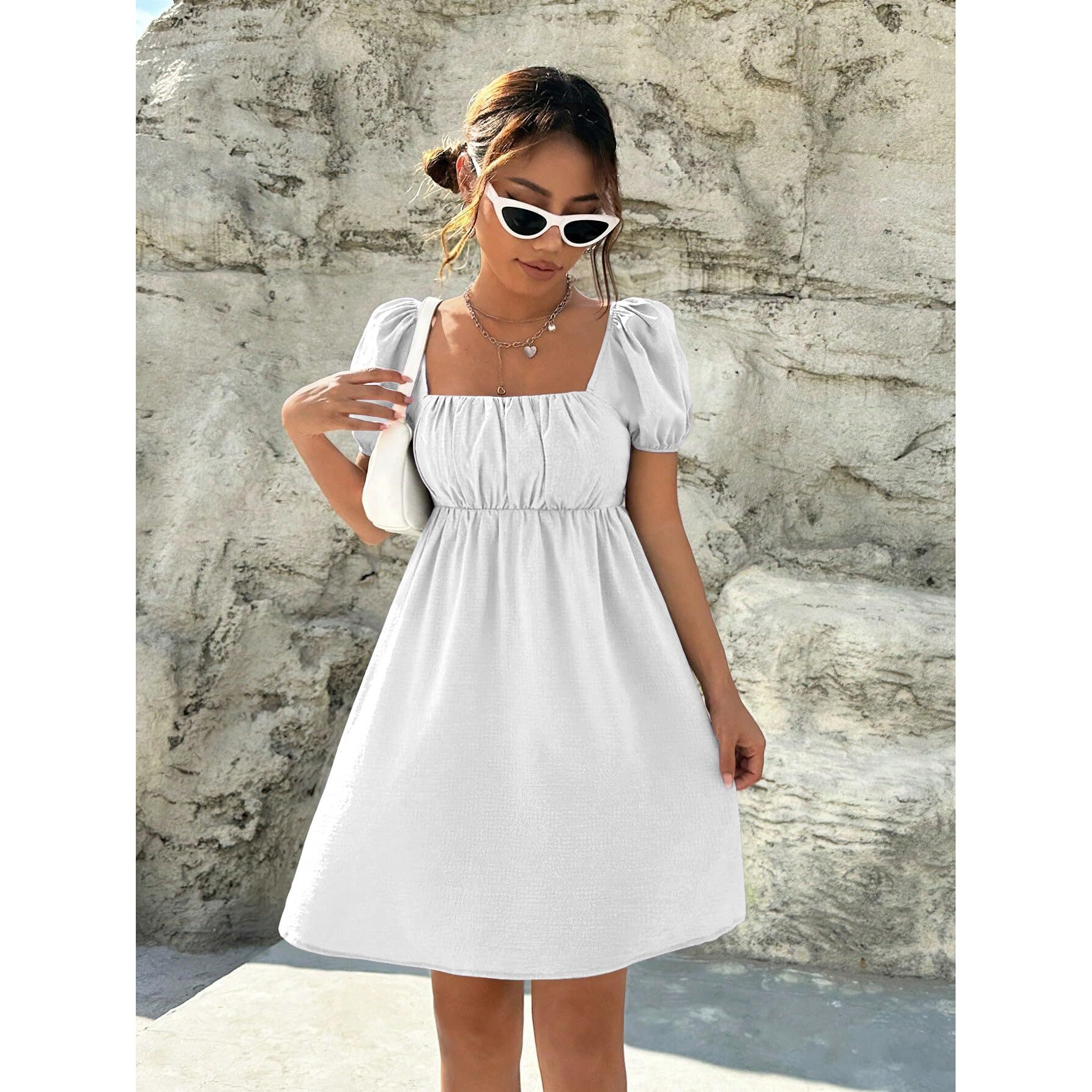 Shasmi Women's & Girl's Dress For Women L One Piece Dress For Women L Beach Dress For Women, Solid Textured Puff Sleeve Square Neck Midi Dress (Dress 115 White-L)