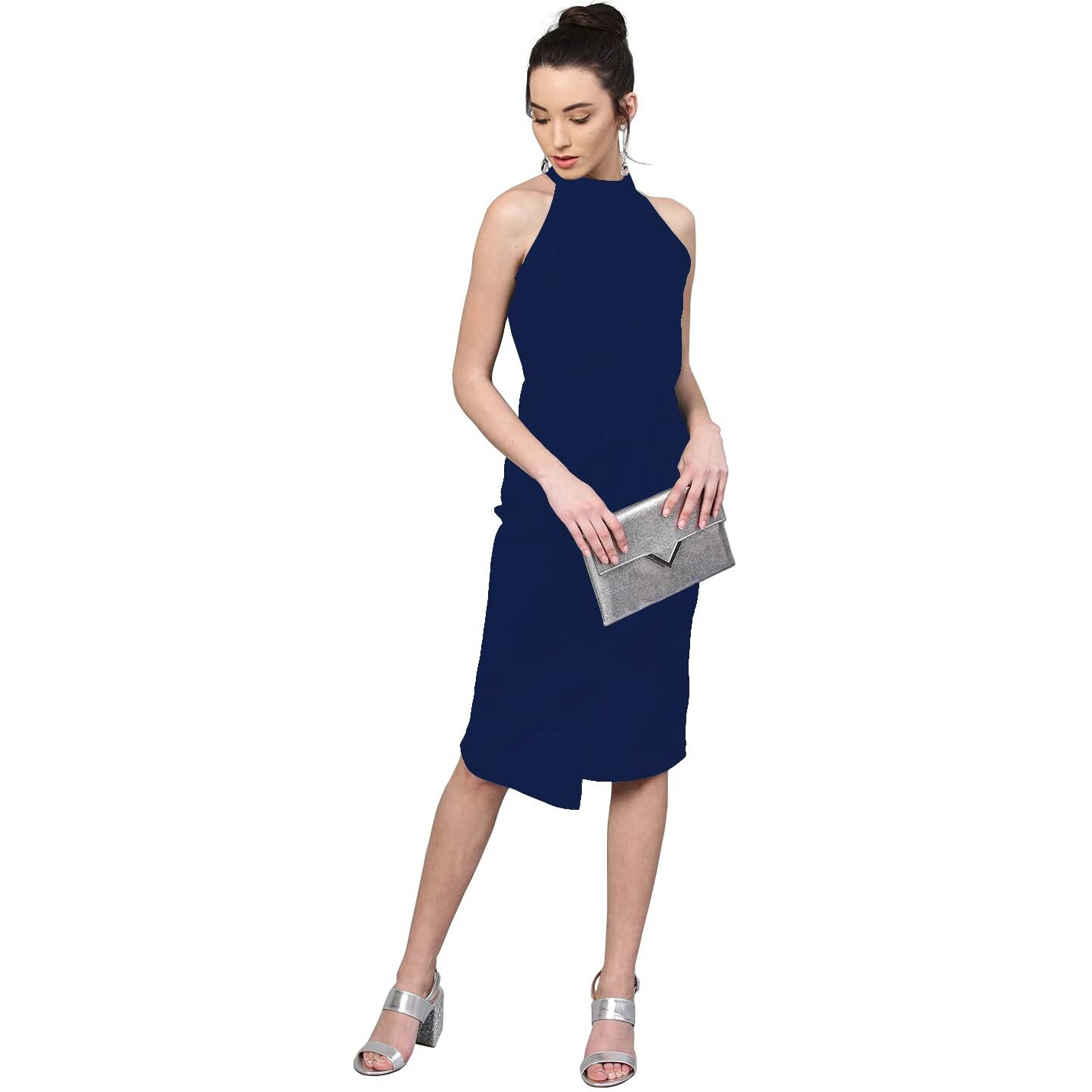 Shasmi Polyester Blend Bodycon Knee-Length Women's Elegant Halter Neck Pleated Flounce Sleeveless Midi Dress (Dresses For Tops_Navy Blue_S)