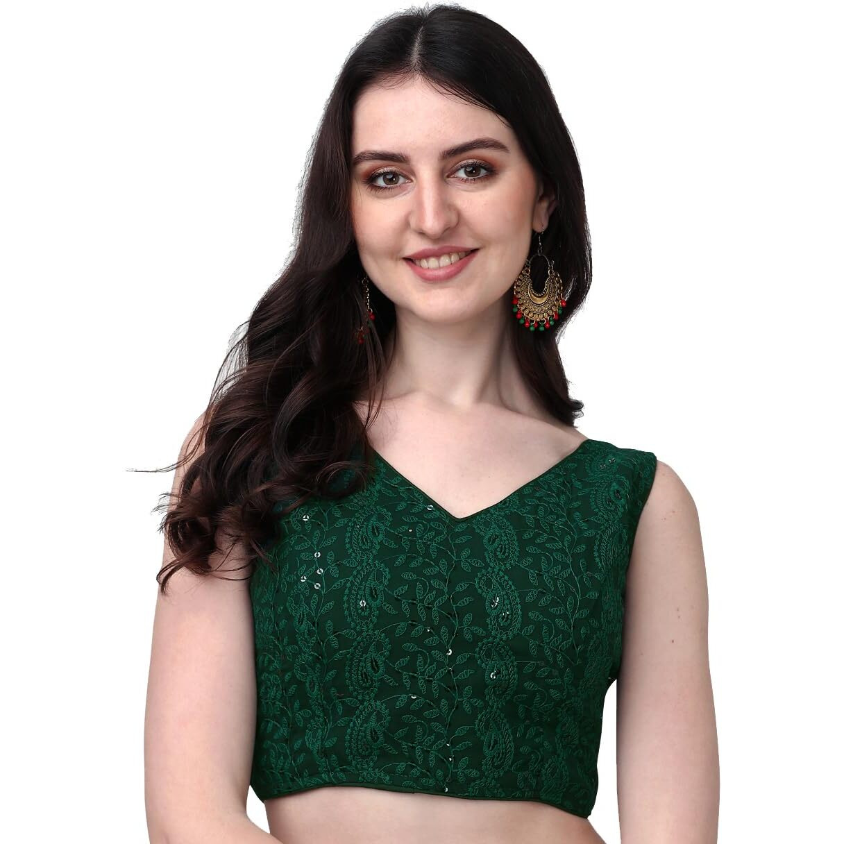 Pujia Mills Women's Georgette Sipali Sequin Work Sleeveless Blouse (Green, 38)