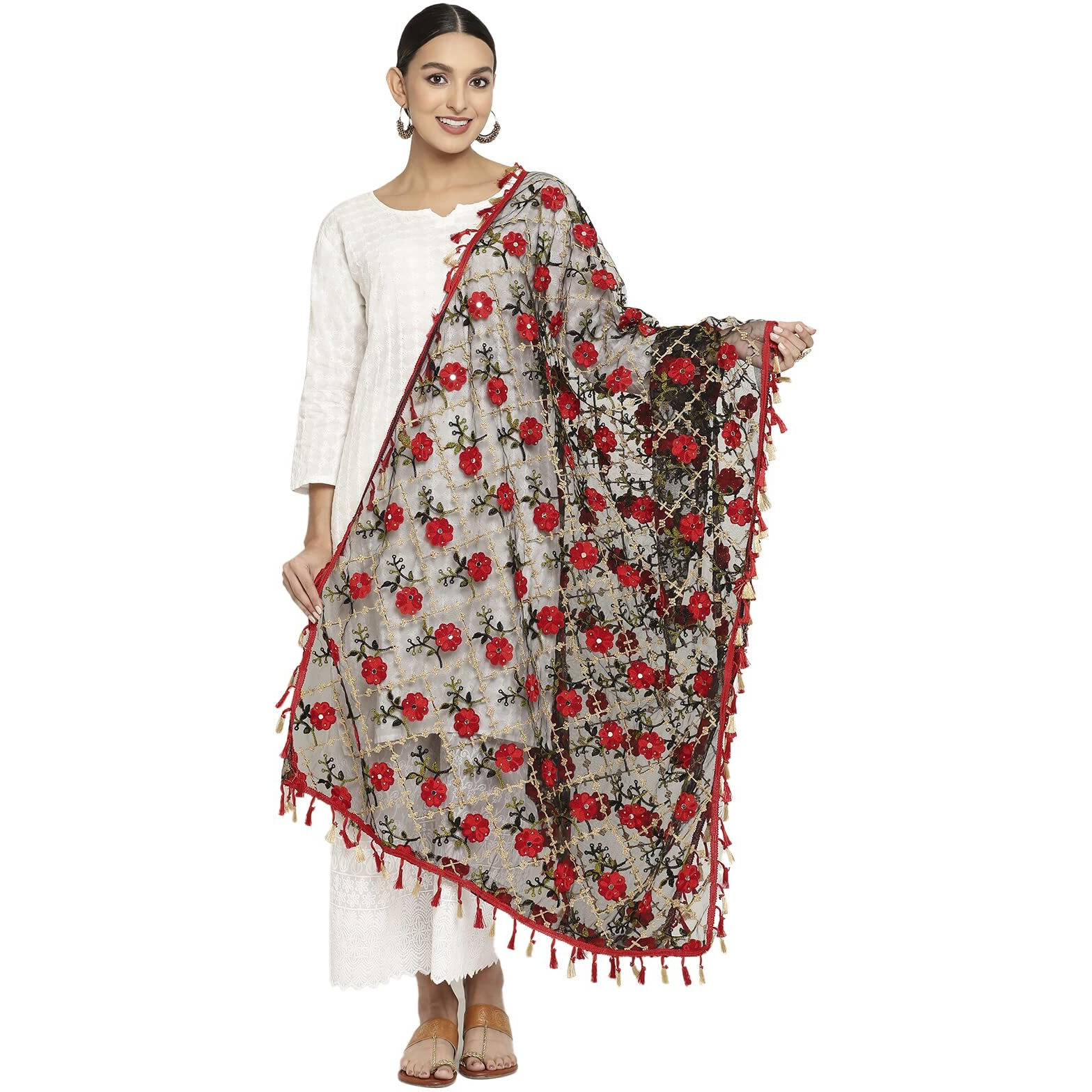 Shasmi Women's Heavy Black Colour Net Embroidered Fancy Phulkari Work Dupatta For Women (Barsat 2 Black Dupatta)
