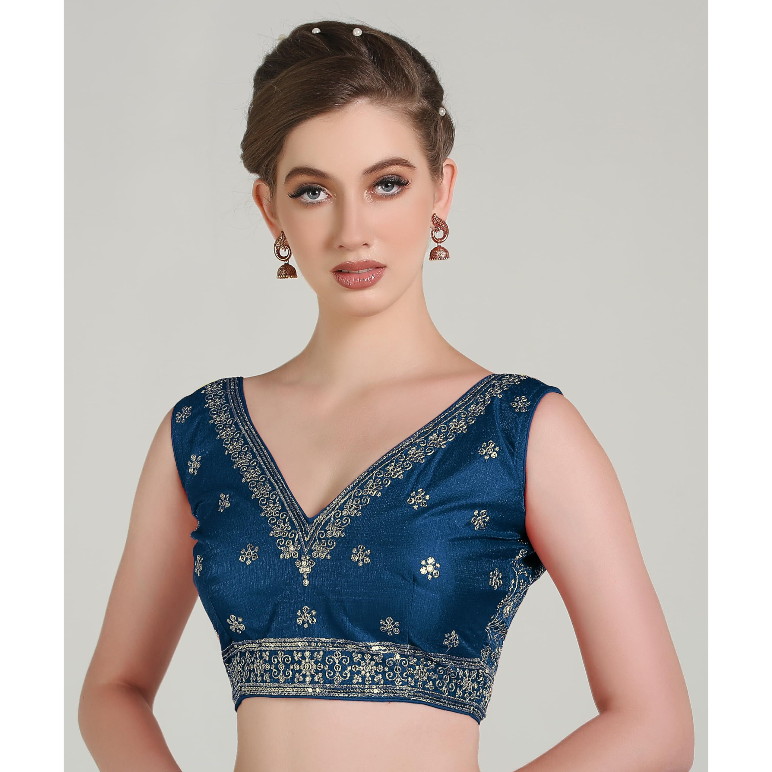 Pujia Mills Women's Indian Ethnic Wear Designer Golden Zari With Embroidery Sequence Work V Neck Sleeveless Readymadeback Side Worked Saree Blouse Readymade Morpeach Blouse Lehenga Choli