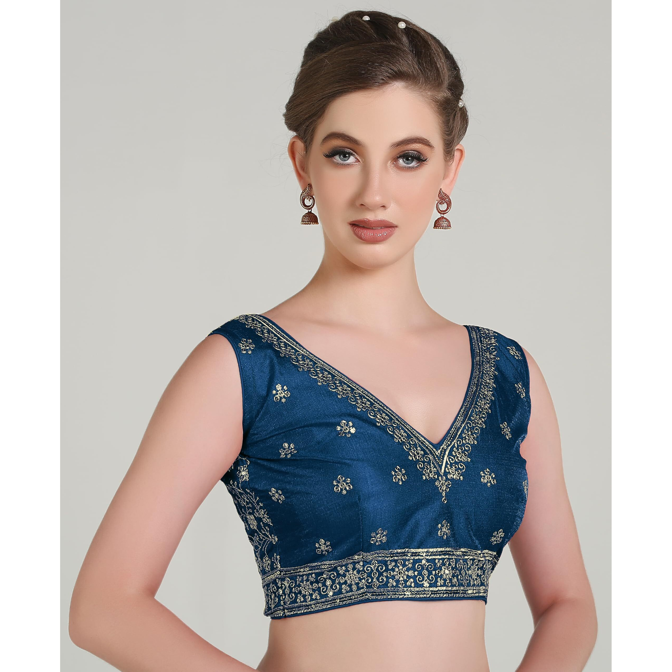 Pujia Mills Women's Indian Ethnic Wear Designer Golden Zari With Embroidery Sequence Work V Neck Sleeveless Readymadeback Side Worked Saree Blouse Readymade Morpeach Blouse Lehenga Choli