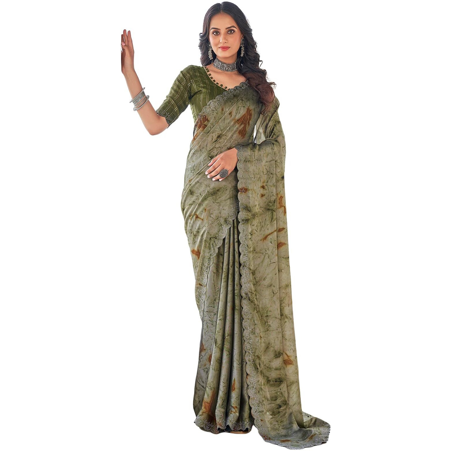 Satrani Women's Printed Stone Work Border Georgette Saree With Unstitched Blouse Piece (3742S364N_Dull Green & Olive Green)