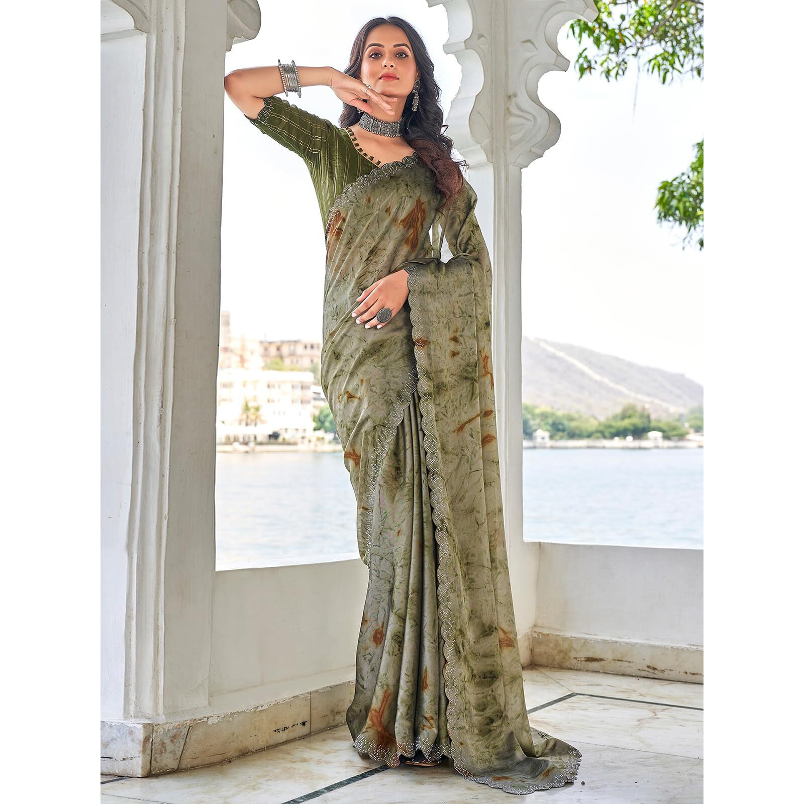 Satrani Women's Printed Stone Work Border Georgette Saree With Unstitched Blouse Piece (3742S364N_Dull Green & Olive Green)