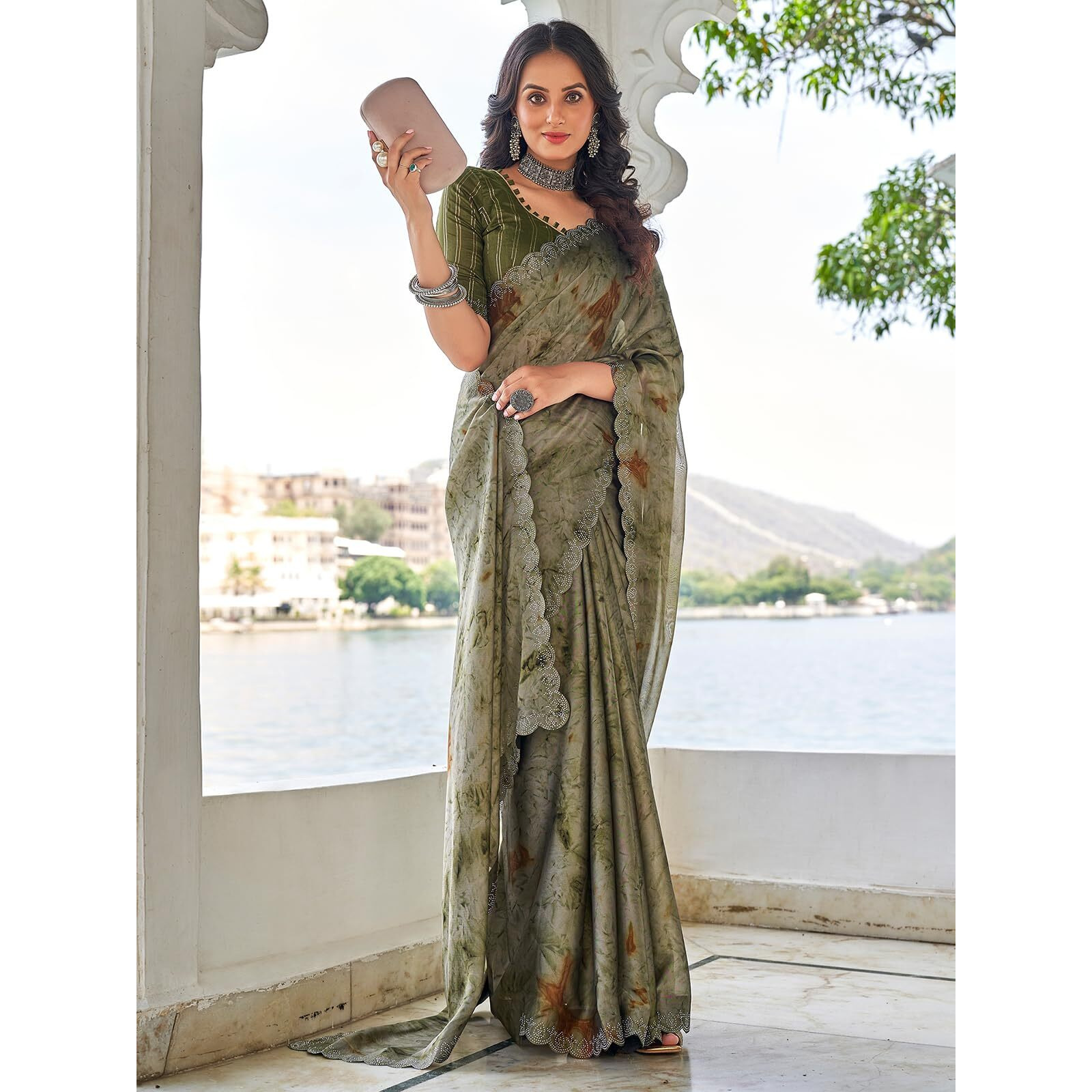 Satrani Women's Printed Stone Work Border Georgette Saree With Unstitched Blouse Piece (3742S364N_Dull Green & Olive Green)