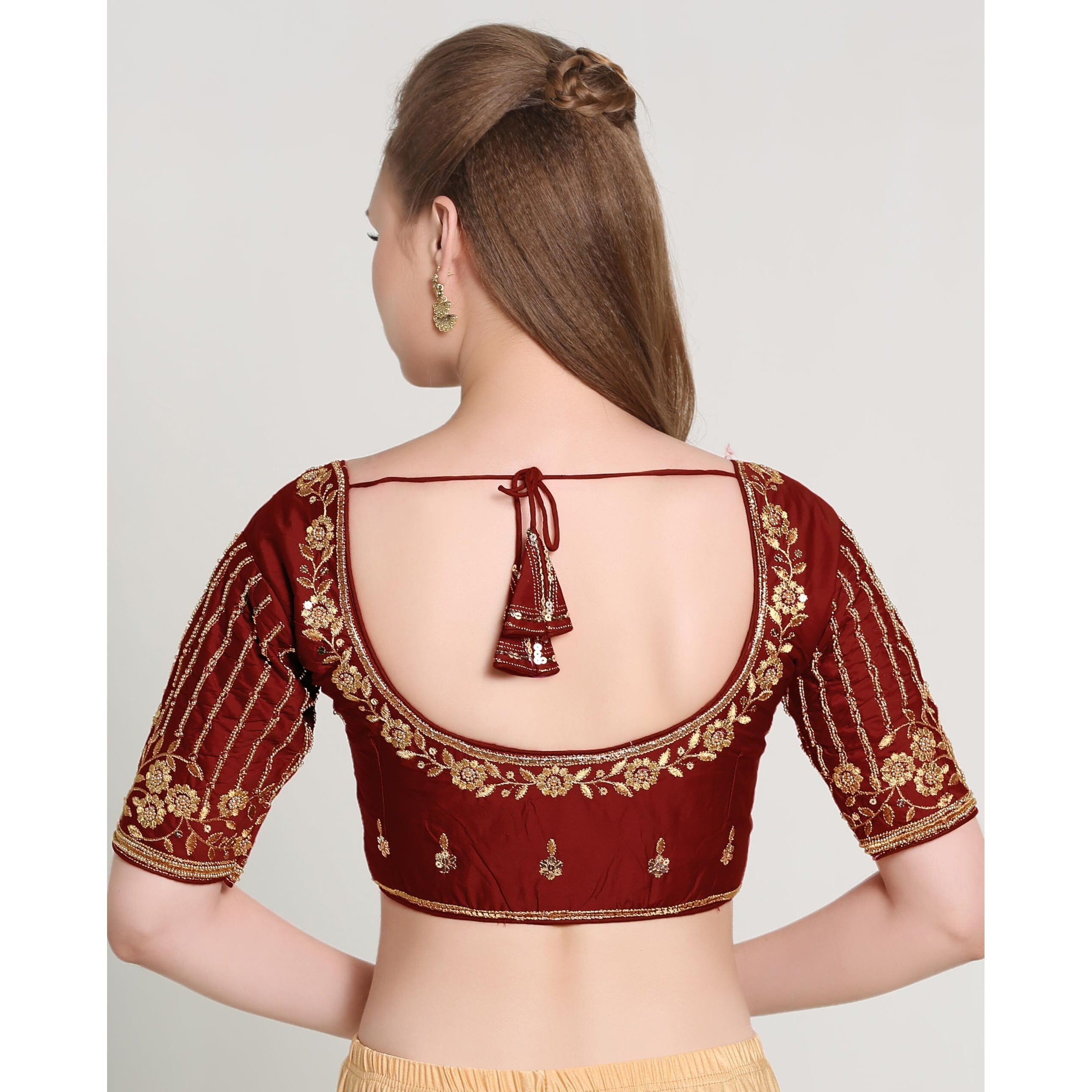 Pujia Mills Women's Readymade Bridal Embroidery Blouse Multi Coding Maggam Work Moti Work Indian Ethnic Designer Stitched Readymade Saree Half Sleeve Maroon Blouse For Women For Saree Lehenga Choli