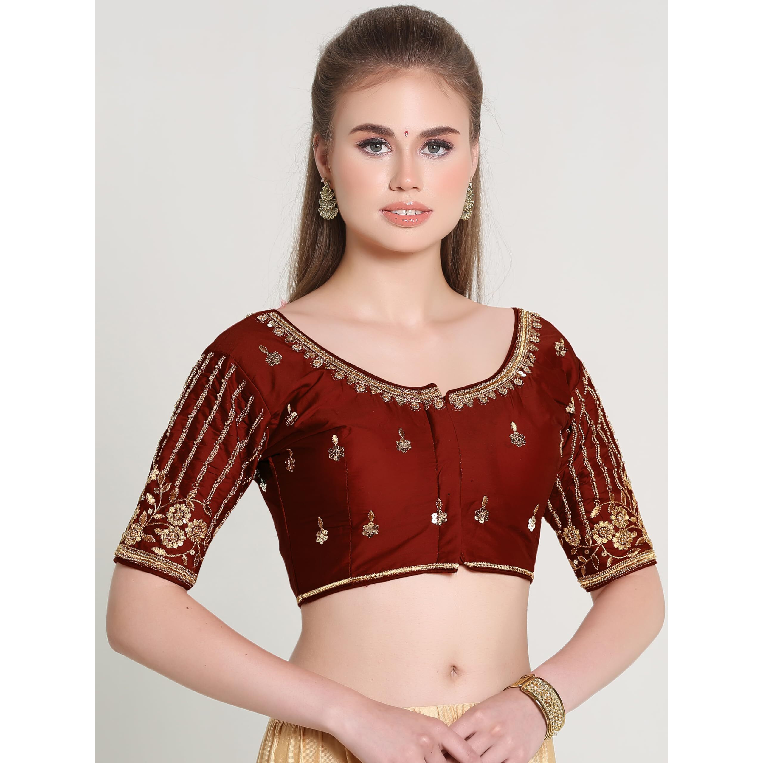 Pujia Mills Women's Readymade Bridal Embroidery Blouse Multi Coding Maggam Work Moti Work Indian Ethnic Designer Stitched Readymade Saree Half Sleeve Maroon Blouse For Women For Saree Lehenga Choli