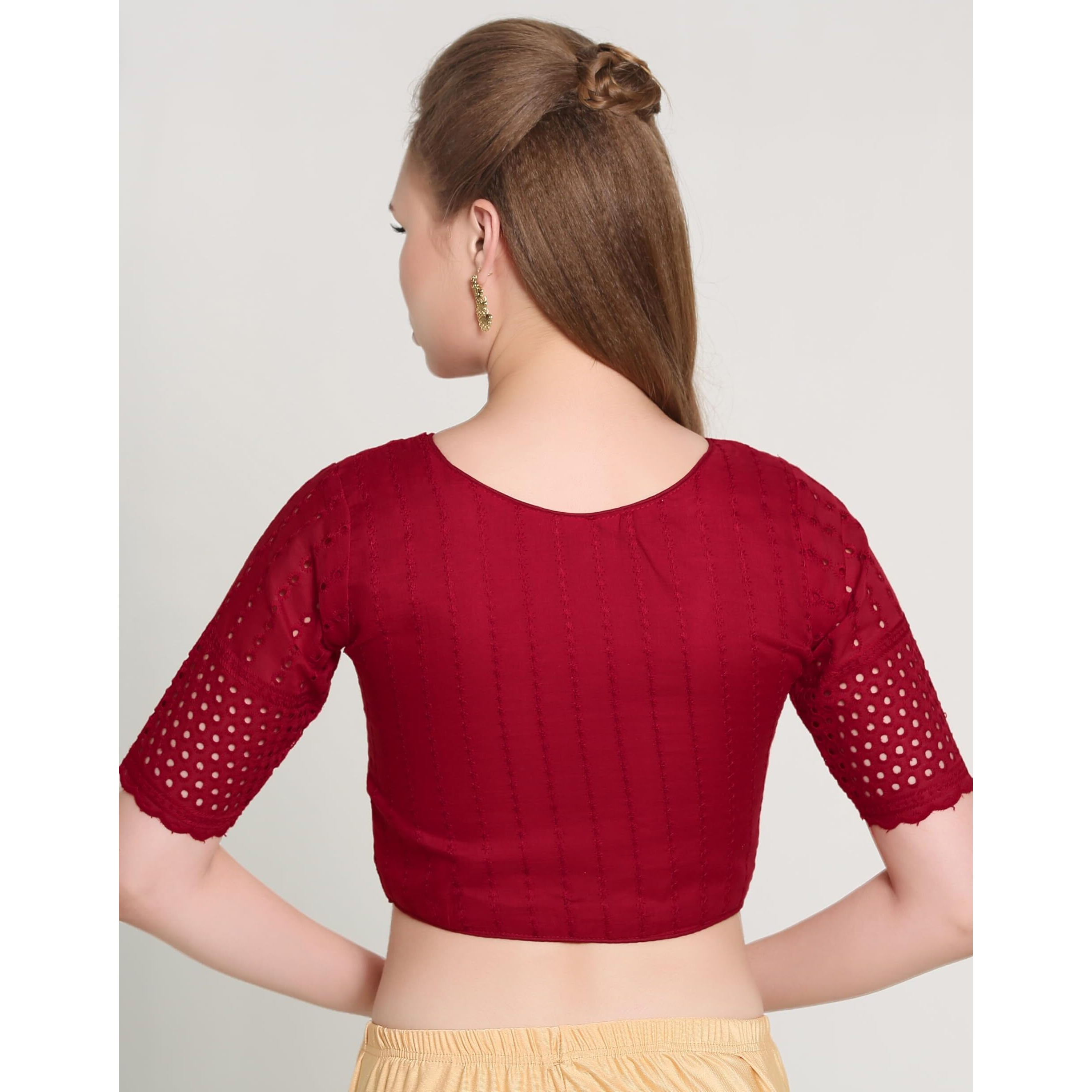 Pujia Mills Women's Trendy Hakoba Chikankari Work Half Sleeve Maroon Saree Blouse (Hakoba 13 Maroon_38)