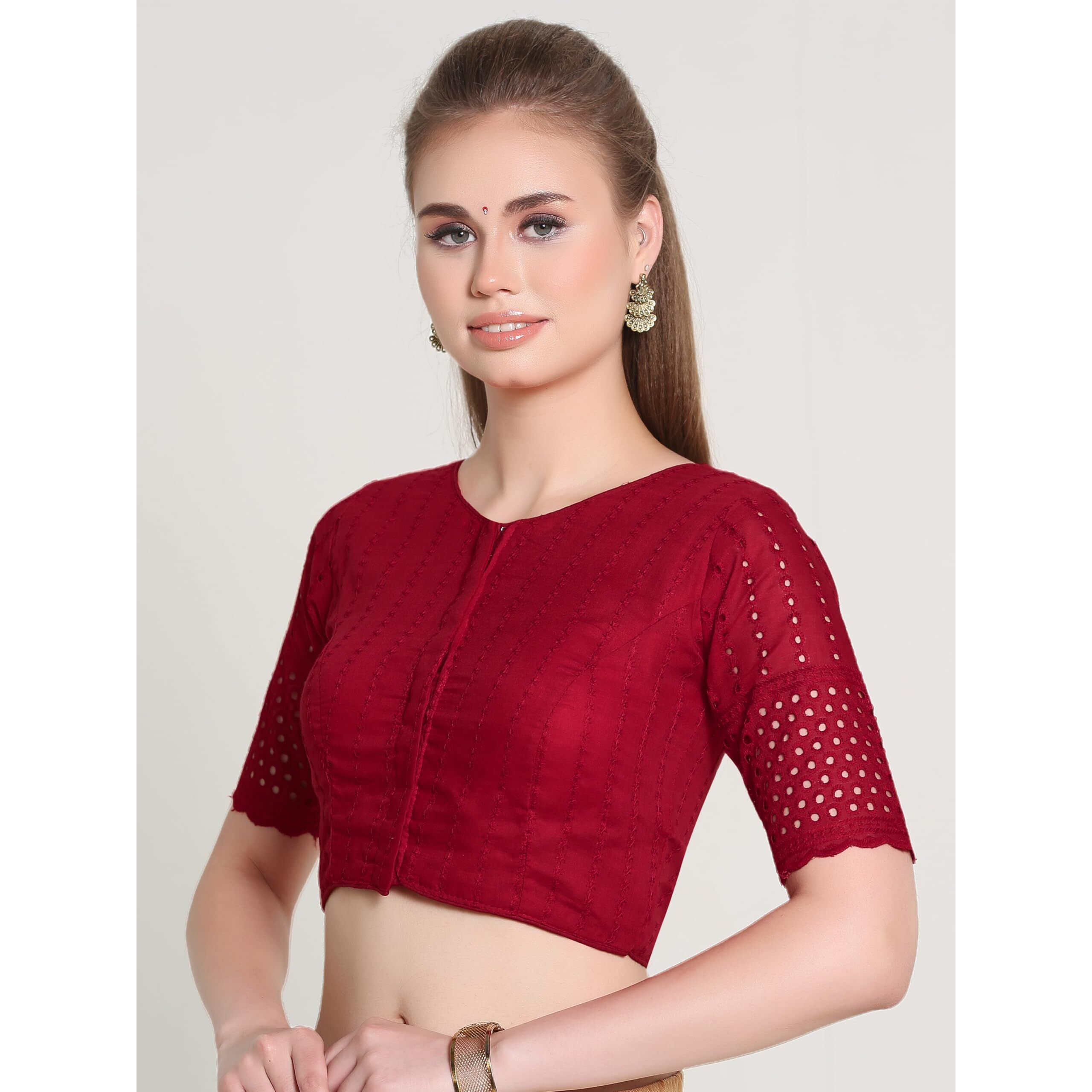 Pujia Mills Women's Trendy Hakoba Chikankari Work Half Sleeve Maroon Saree Blouse (Hakoba 13 Maroon_38)