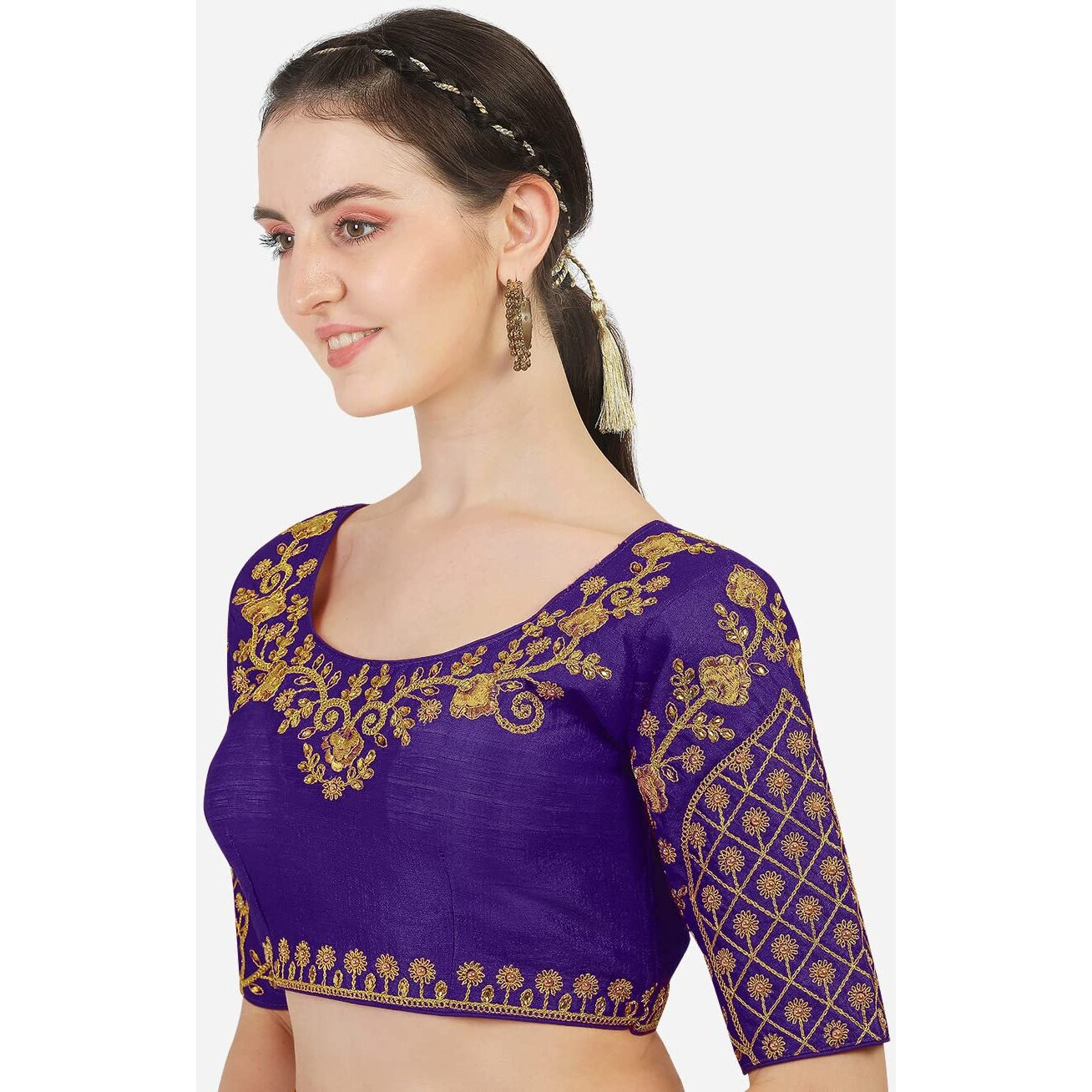 Pujia Mills Women's Embroidery Handwork Thread Zari Stone Work Readymade Blouse (38, 2 Shade Purple)
