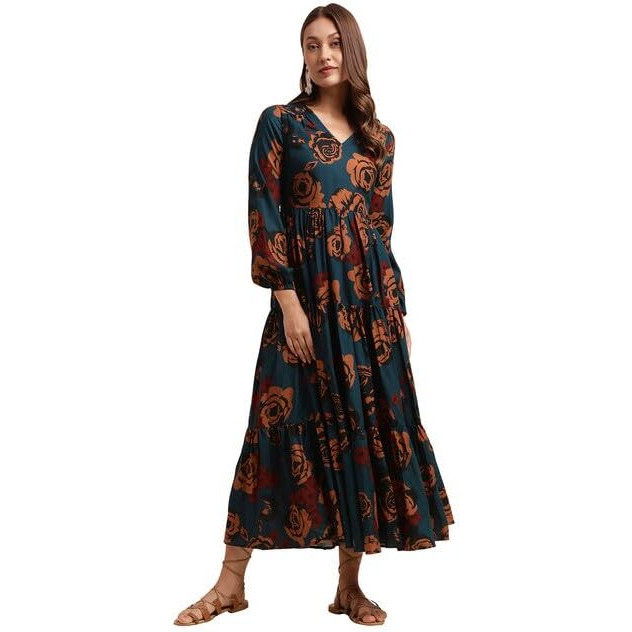 Selvia Women's Printed Full Sleeves Poly Rayon V-Neck Fit & Flare Dress (493Tk7614Na-S_Navy Blue &Multi)