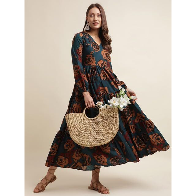 Selvia Women's Printed Full Sleeves Poly Rayon V-Neck Fit & Flare Dress (493Tk7614Na-S_Navy Blue &Multi)