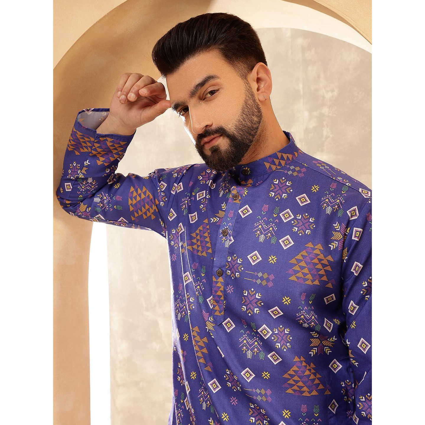 Sojanya (Since 1958 Men's Cotton Linen Ethnic Motifs Printed Blue Only Long Kurta