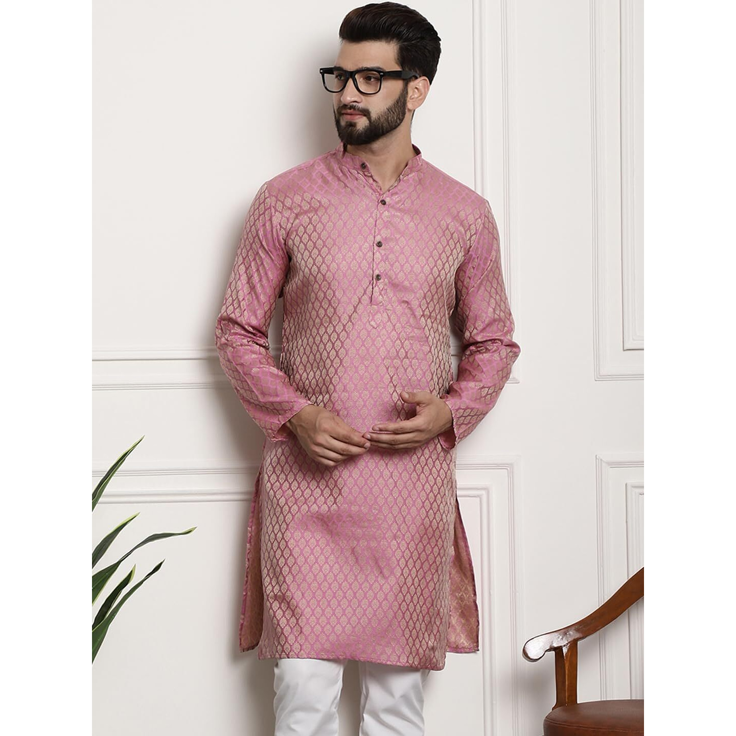 Sojanya (Since 1958 Men's Silk Blend Pink Color Self Design Only Long Kurta