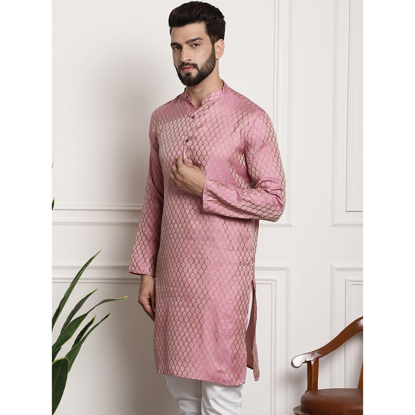 Sojanya (Since 1958 Men's Silk Blend Pink Color Self Design Only Long Kurta