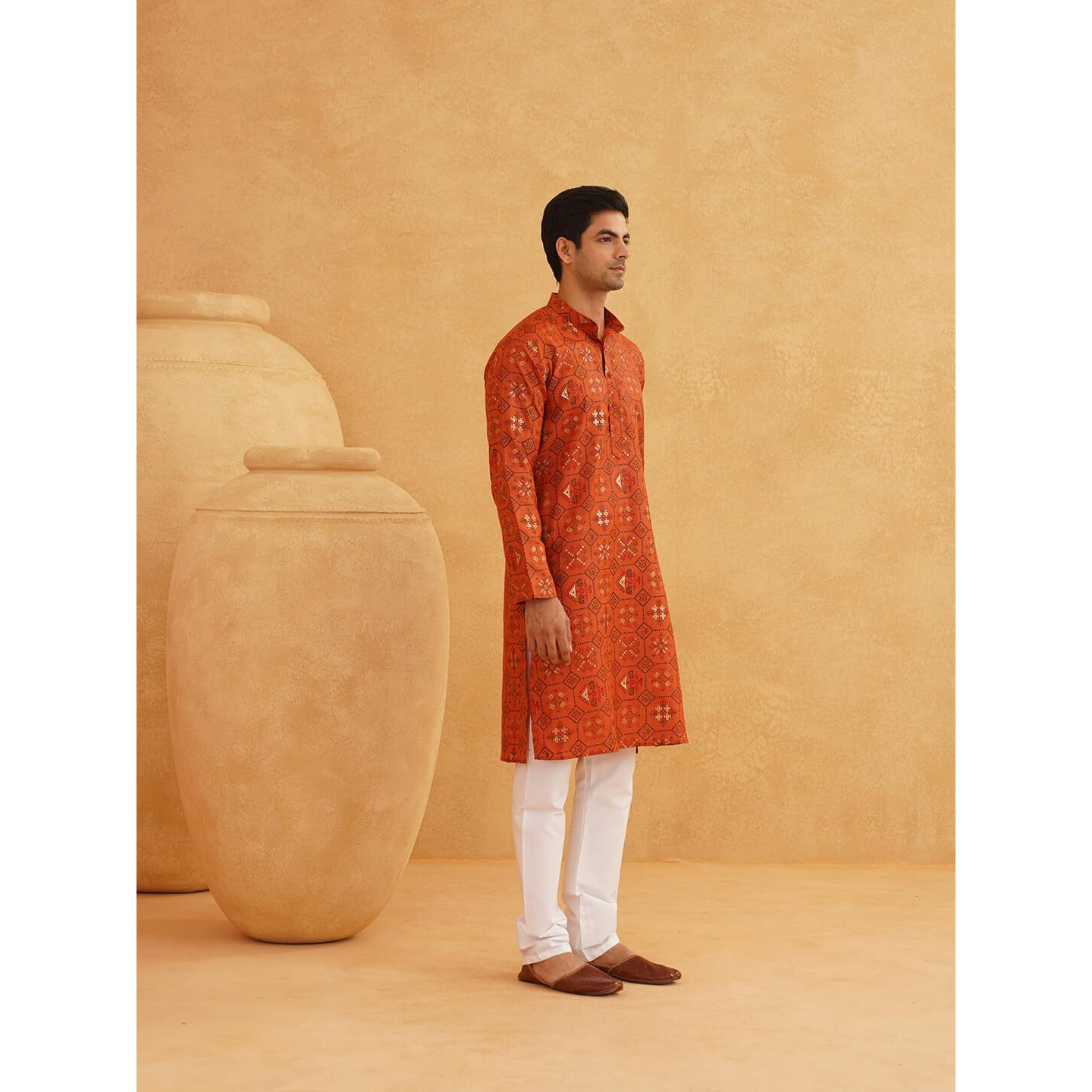 Sojanya (Since 1958 Men's Cotton Blend Printed Orange Only Long Kurta Size38