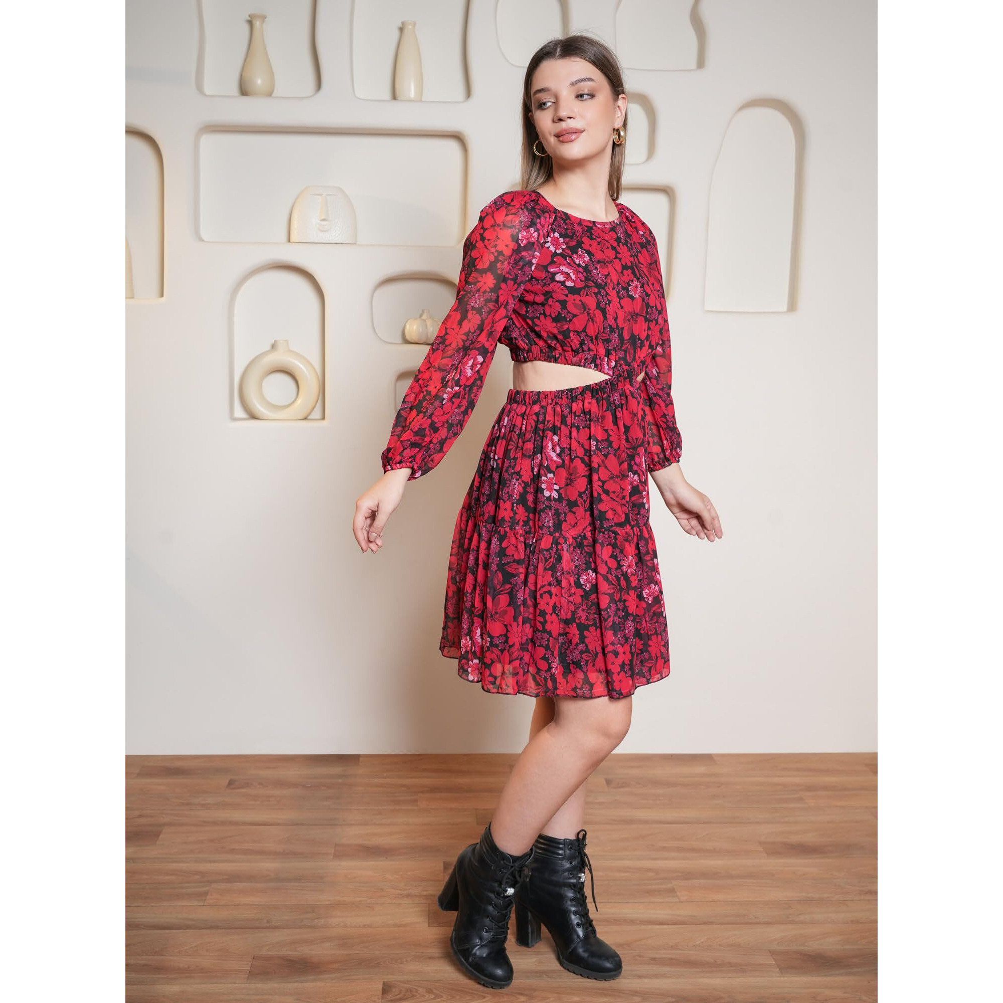 Purvaja Womens Cut Out Above Knee Length Dress (Floe-017_Red_Large)