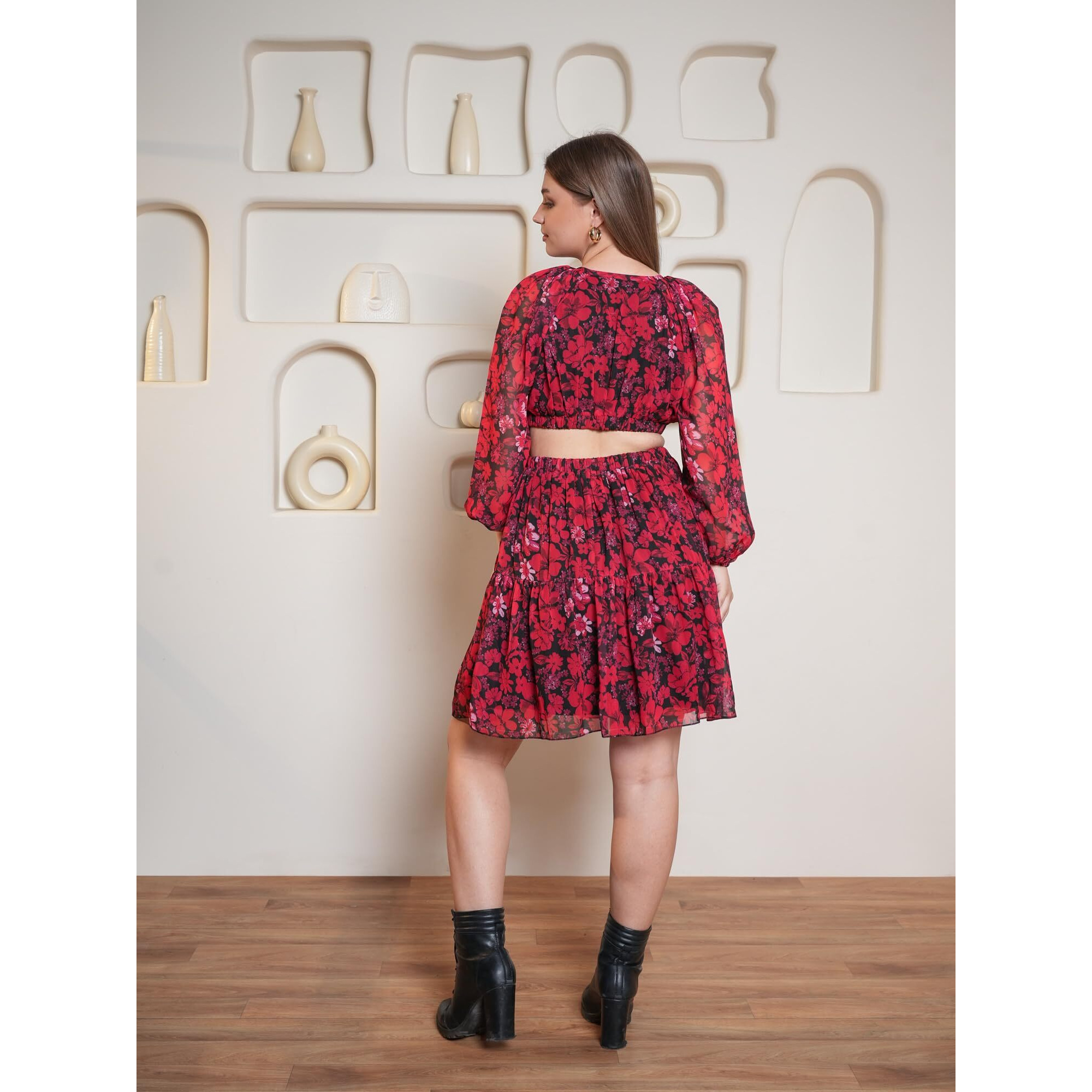 Purvaja Womens Cut Out Above Knee Length Dress (Floe-017_Red_Large)