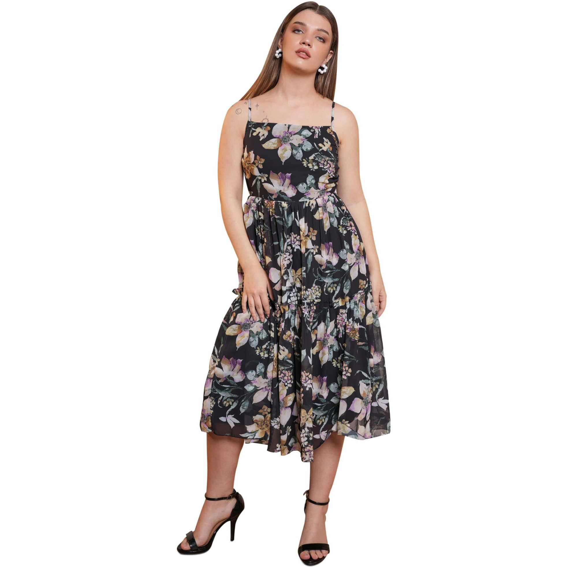Purvaja Womens Fit & Flare Below Knee Length Dress (Floe-006_Black_Large)