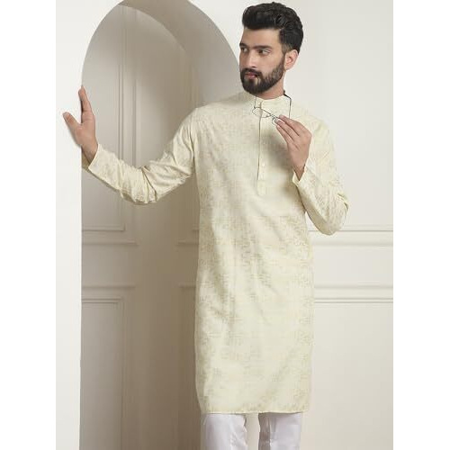 Sojanya (Since 1958 Men's Cotton Foil Printed Yellow Long Kurta