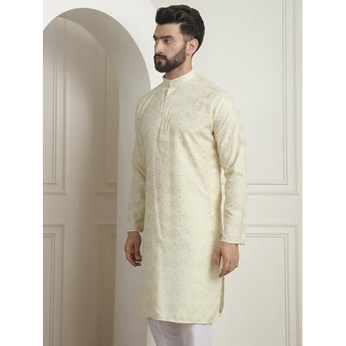 Sojanya (Since 1958 Men's Cotton Foil Printed Yellow Long Kurta