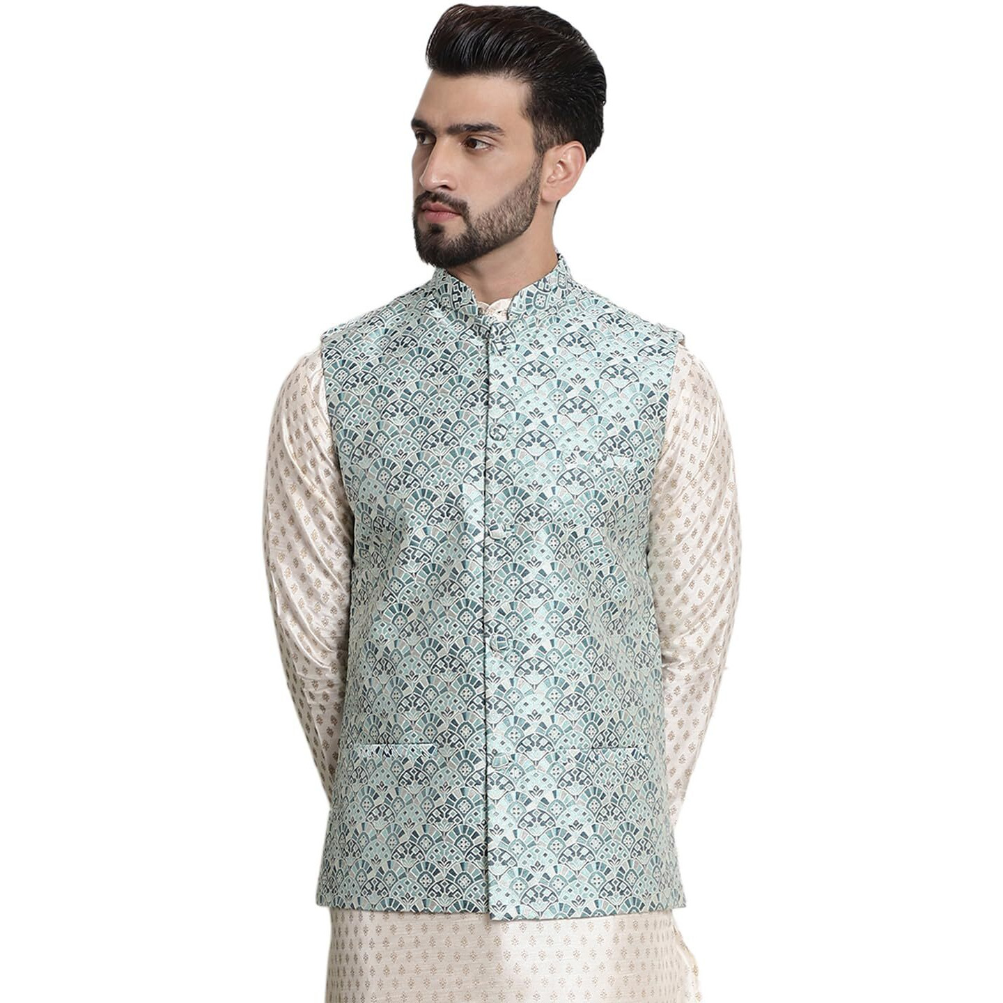 Sojanya (Since 1958 Men's Jacquard Silk, Tgreen Color Nehru Jacket