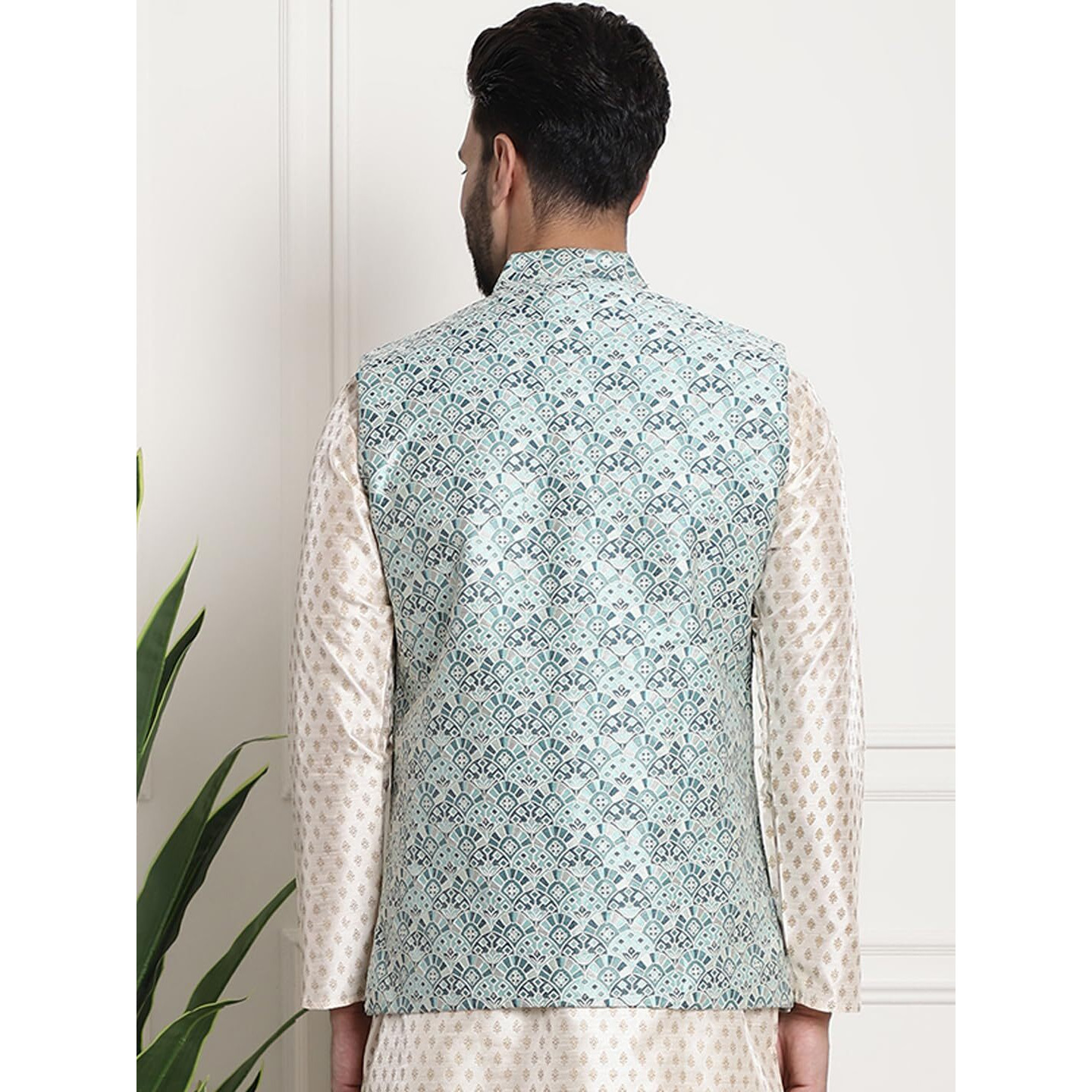 Sojanya (Since 1958 Men's Jacquard Silk, Tgreen Color Nehru Jacket