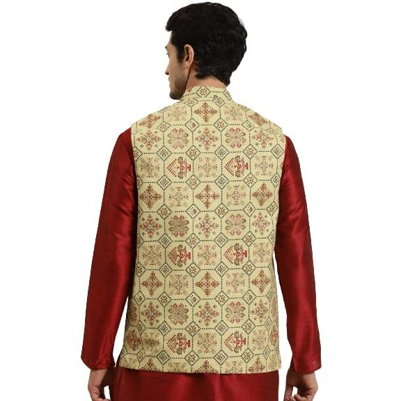 Sojana (Since 1958) Men's Cotton Linen Pista Green & Multi Printed Only Nehru Jacket