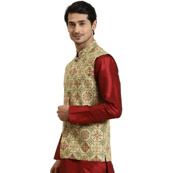 Sojana (Since 1958) Men's Cotton Linen Pista Green & Multi Printed Only Nehru Jacket