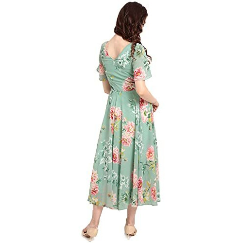 Rare London Women Georgette A-Line Calf Length Dress (Ep3153_B_Green_S)