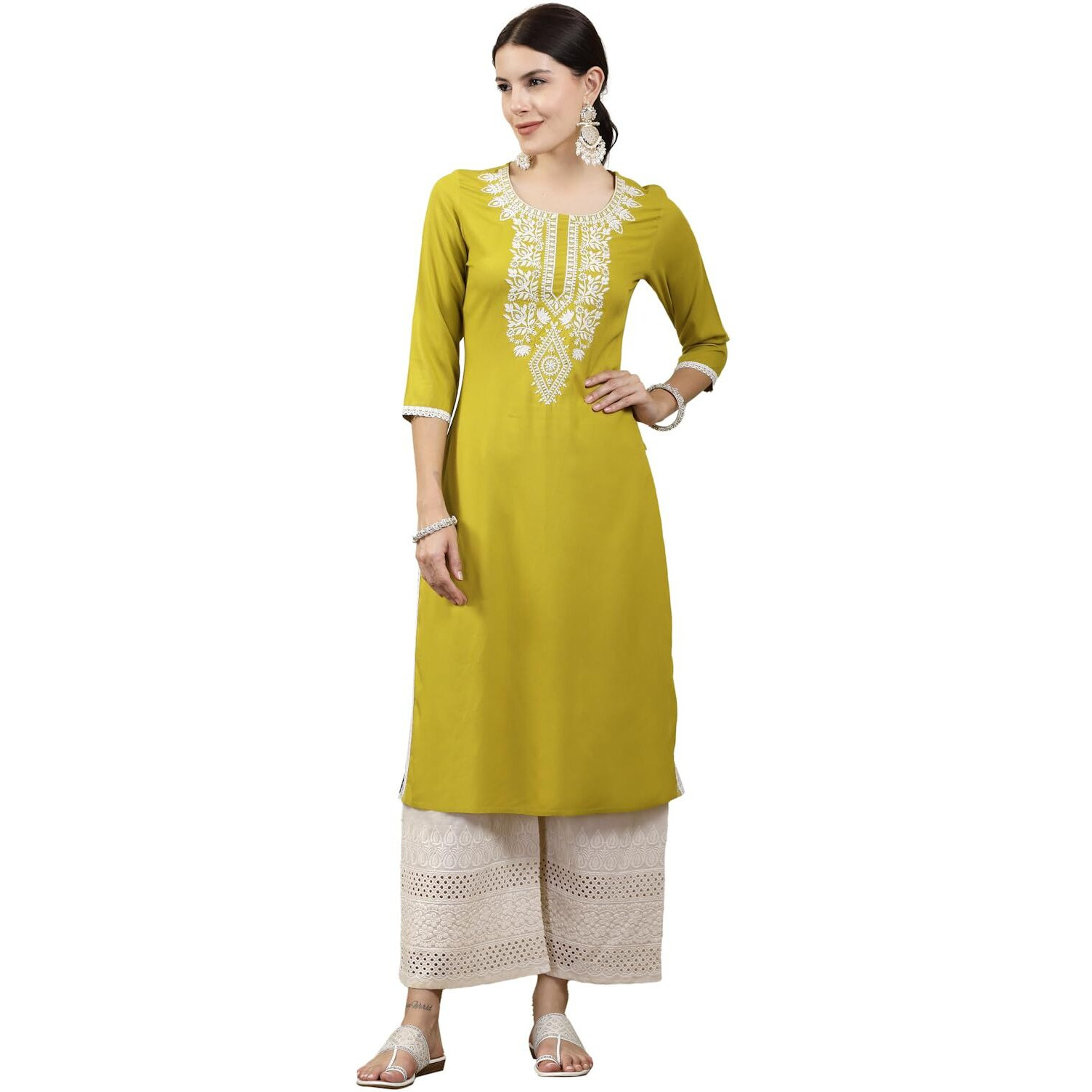 Stylum Women's Solid & Embroidered Rayon Straight Chicken Kurta (Cornerica44_Yellow, Xxl)