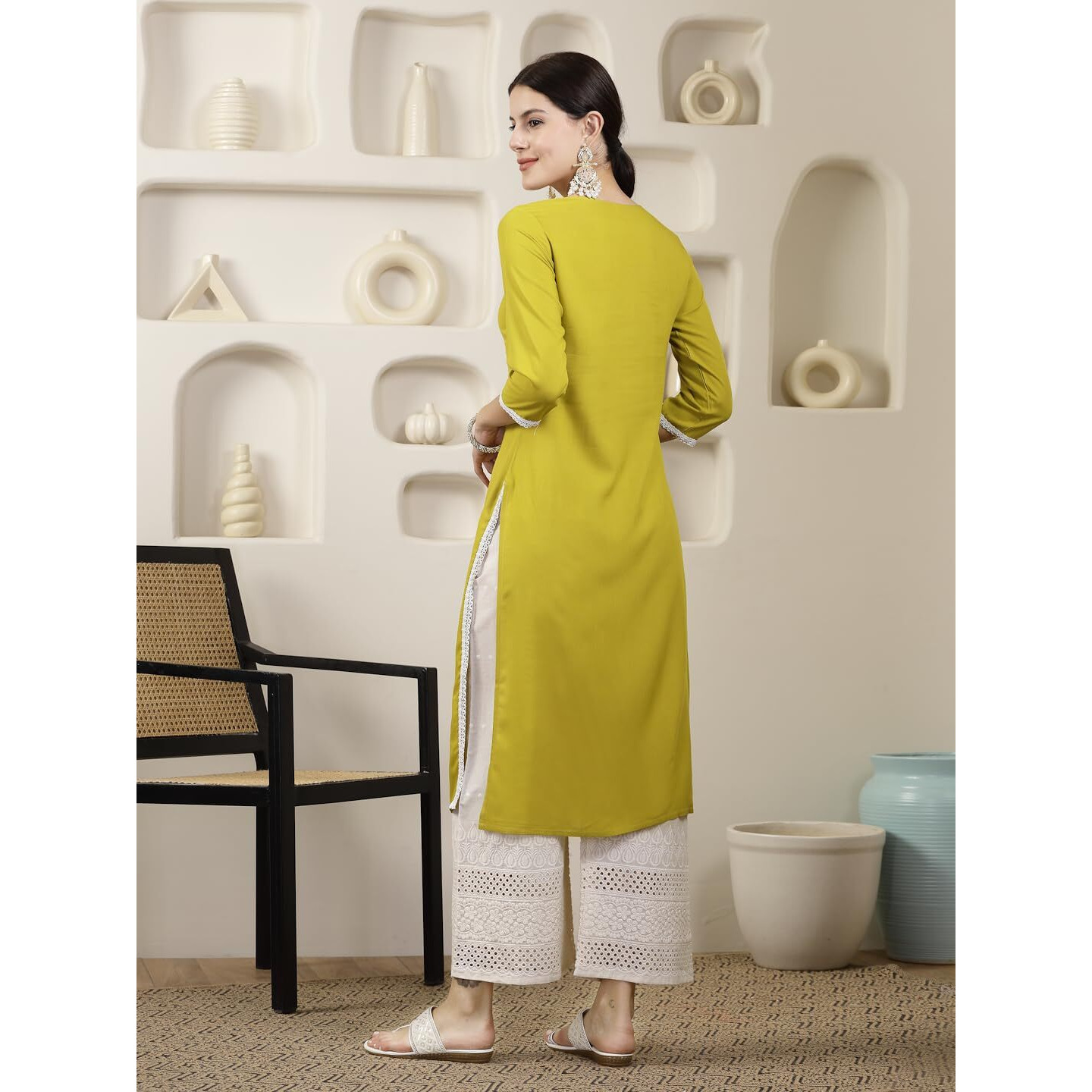 Stylum Women's Solid & Embroidered Rayon Straight Chicken Kurta (Cornerica44_Yellow, Xxl)