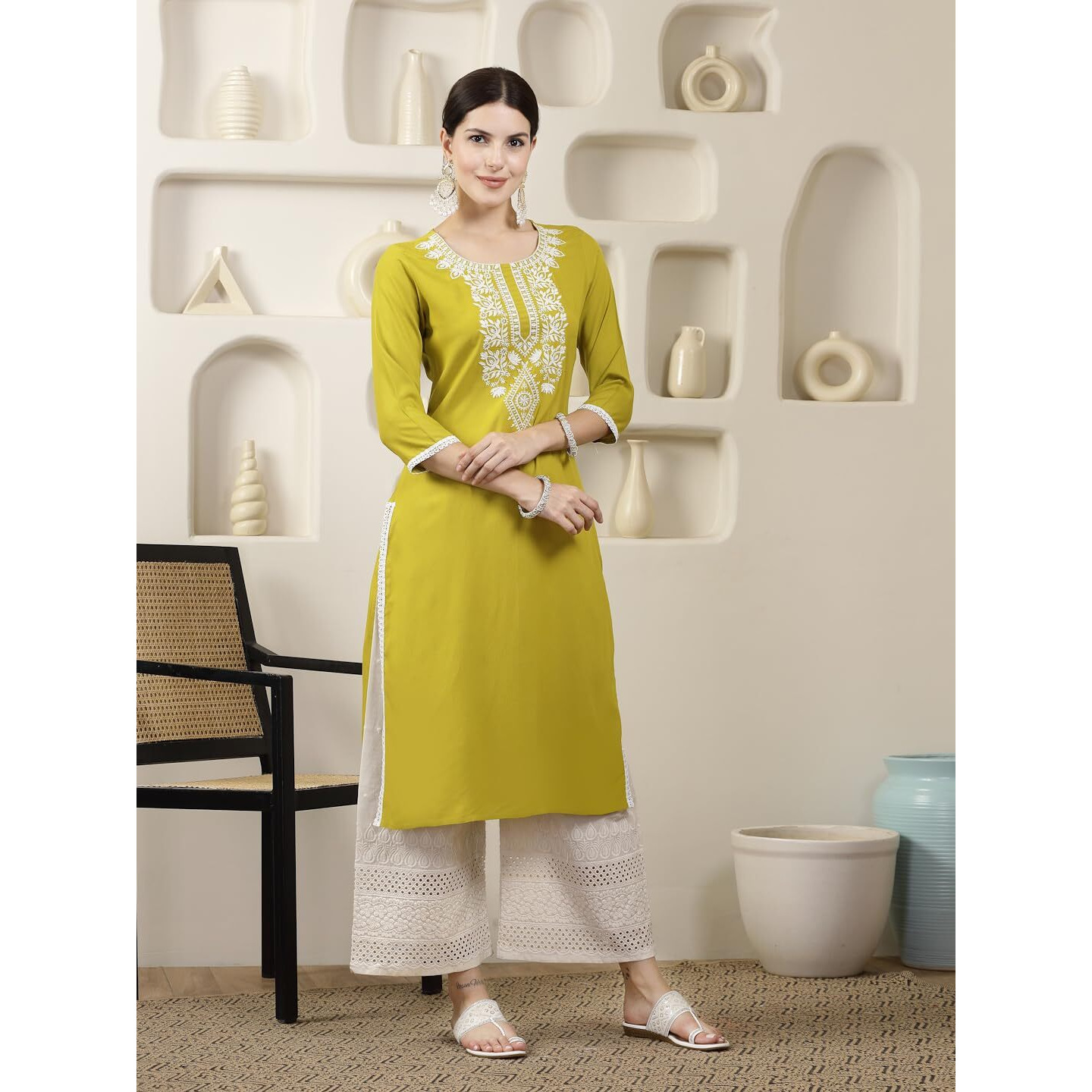 Stylum Women's Solid & Embroidered Rayon Straight Chicken Kurta (Cornerica44_Yellow, Xxl)