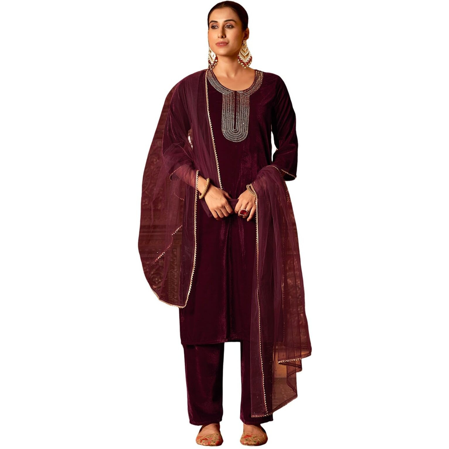 Sanisa Women's Velvet Sequins And Embroidery Work Straight Kurta With Pant And Dupatta Set (224Kbd2374N-S_Maroon)