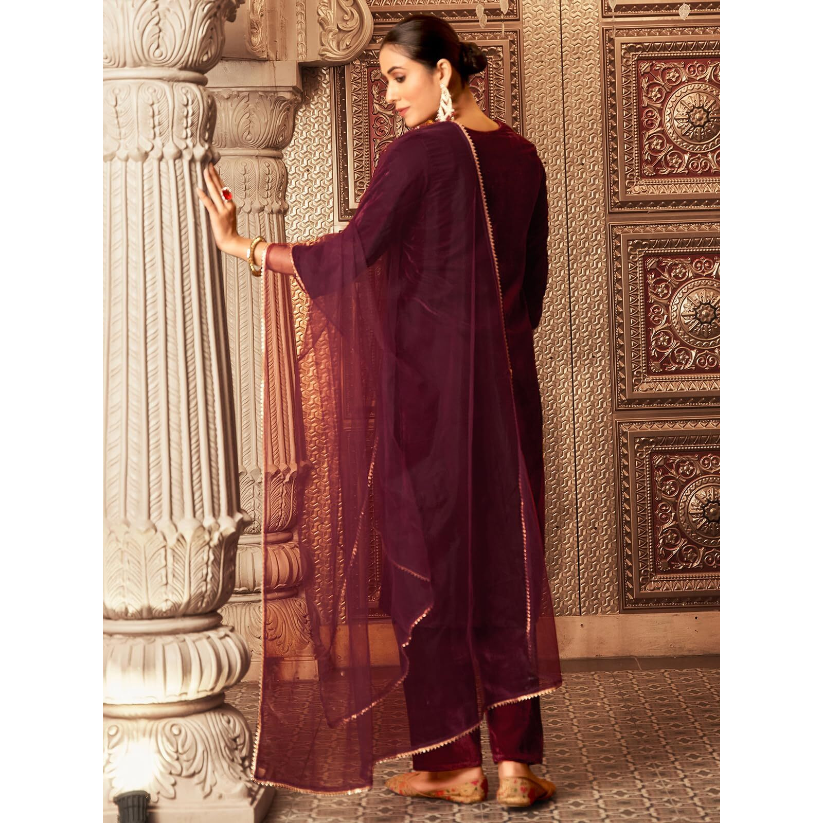 Sanisa Women's Velvet Sequins And Embroidery Work Straight Kurta With Pant And Dupatta Set (224Kbd2374N-S_Maroon)