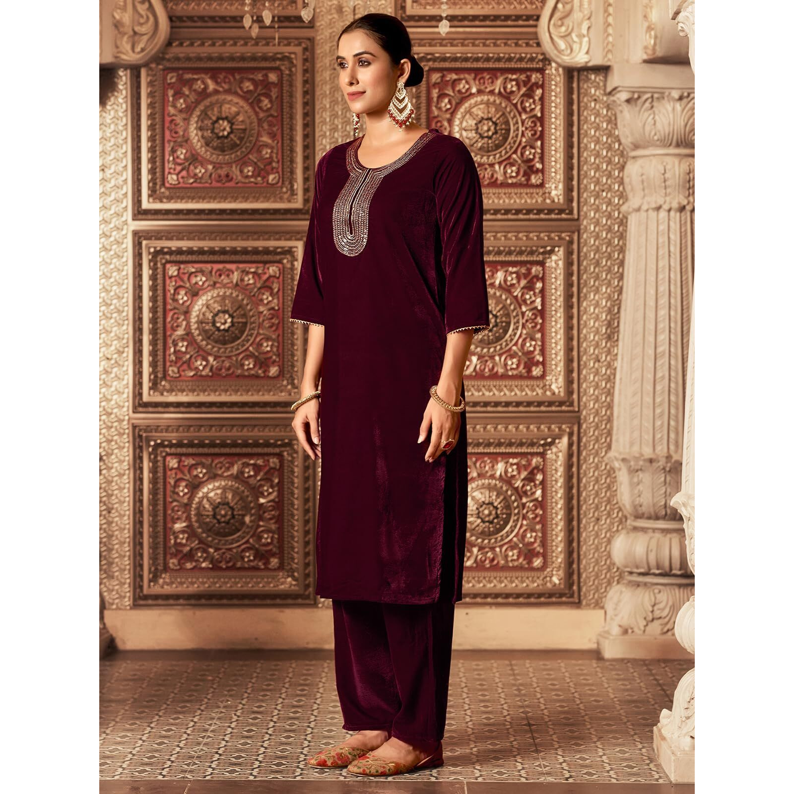 Sanisa Women's Velvet Sequins And Embroidery Work Straight Kurta With Pant And Dupatta Set (224Kbd2374N-S_Maroon)