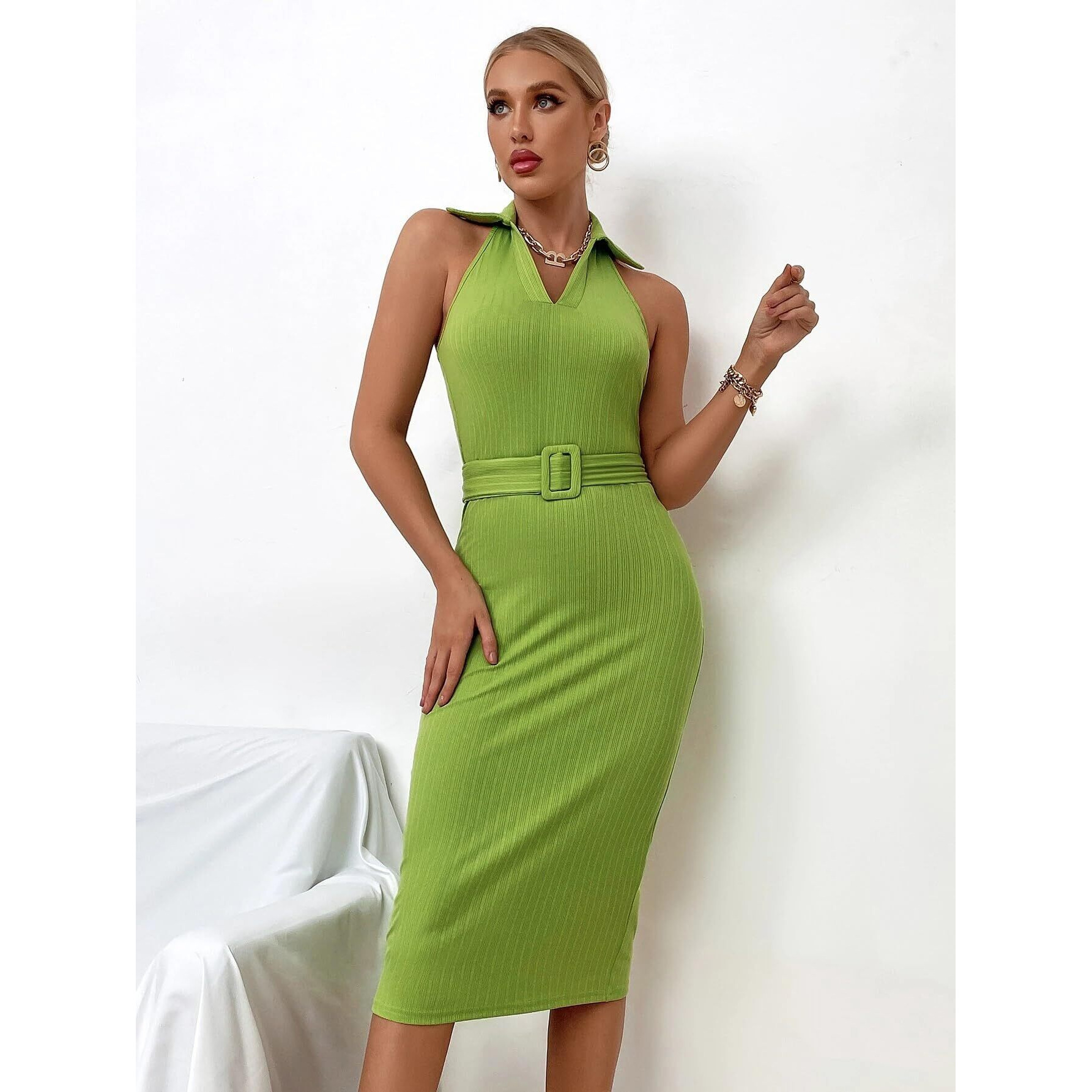 Sugathari Solid Women Pista, V-Neck Ribbed Knit Sleeveless Bodycon Dress (Midi 103 Pista L)