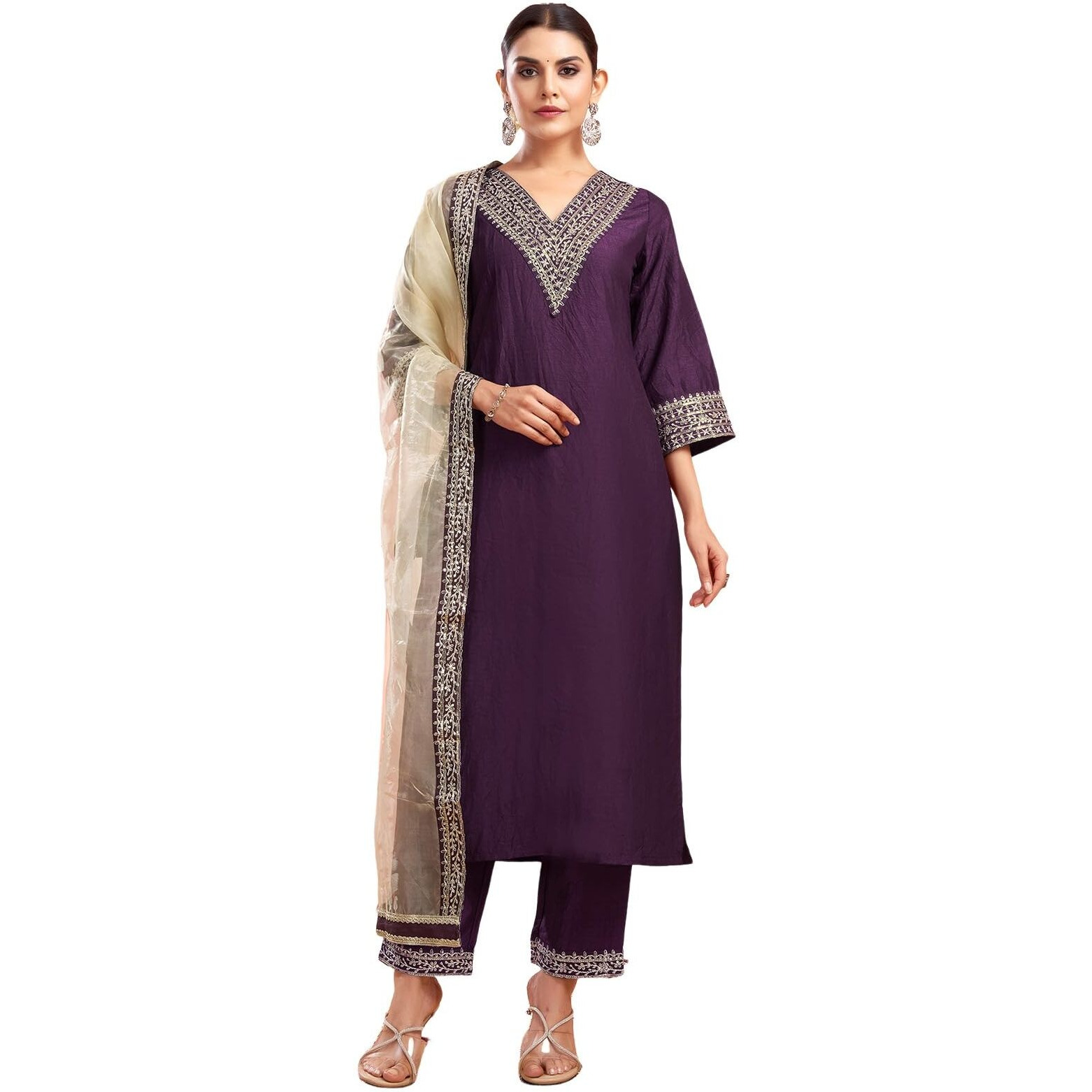 Sanisa Women's Silk Sequence And Embroidery Work Lace Straight Kurta With Pant And Dupatta Set (104Kbd1133Nb-Xl_Wine)