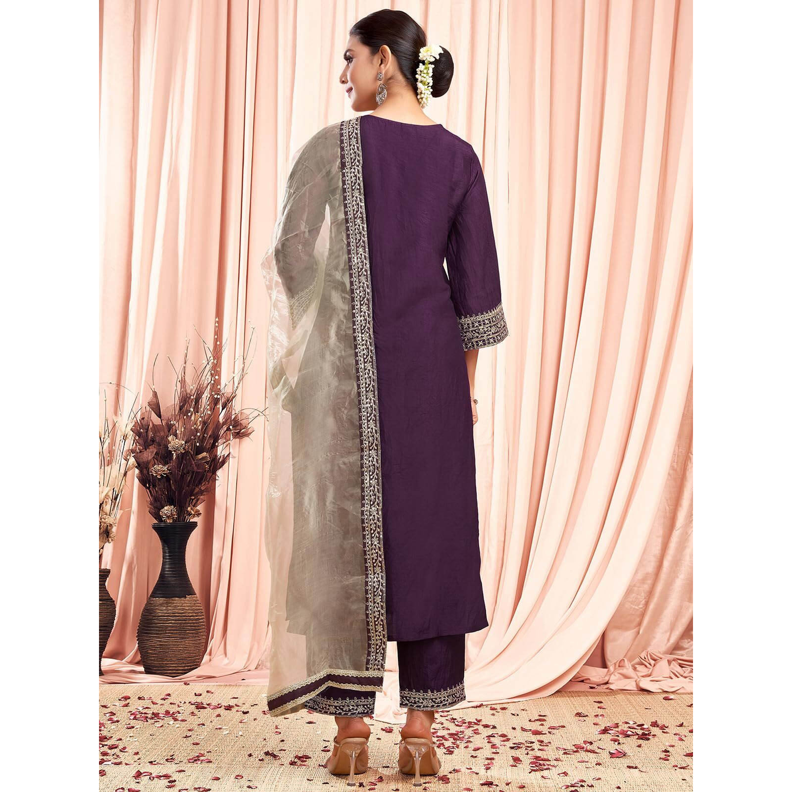 Sanisa Women's Silk Sequence And Embroidery Work Lace Straight Kurta With Pant And Dupatta Set (104Kbd1133Nb-Xl_Wine)