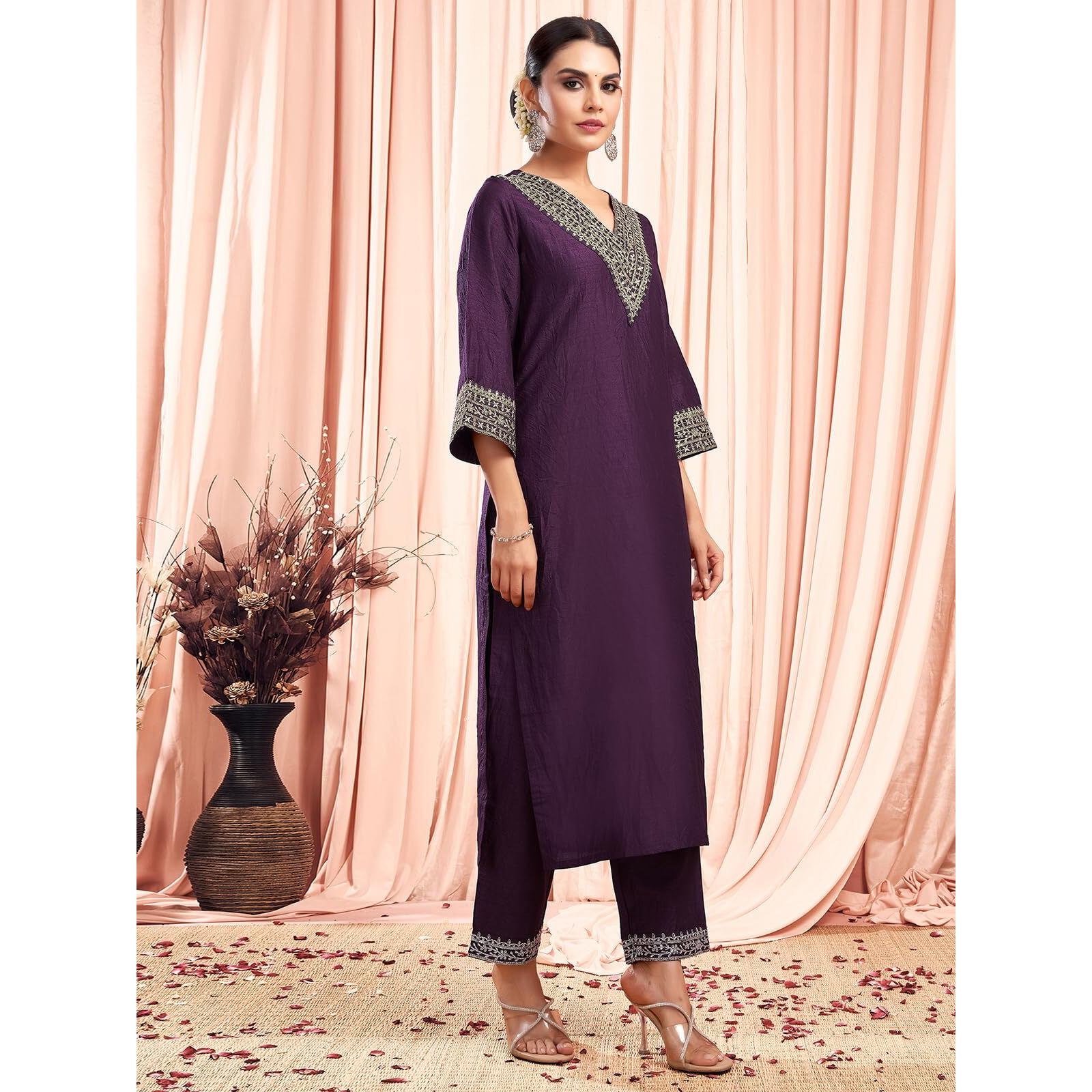 Sanisa Women's Silk Sequence And Embroidery Work Lace Straight Kurta With Pant And Dupatta Set (104Kbd1133Nb-Xl_Wine)