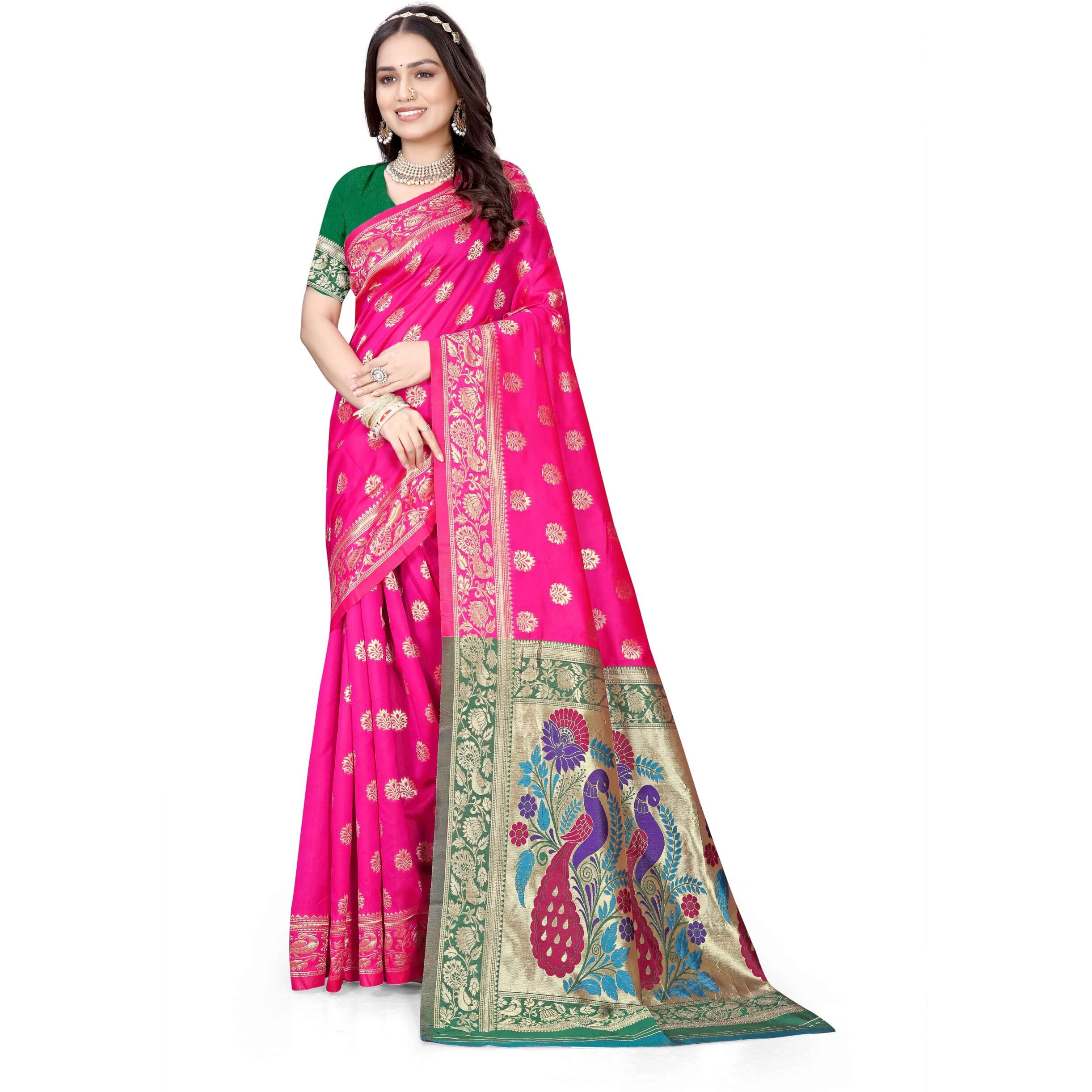 Sugathari Women's Banarasi Saree Pure Paithani Kanjivaram Silk Soft New Ladies 2024 Design Wear Pattu Sarees Latest Cotton Party Sari Collections With Blouse Piece For Wedding Sadi (Pari-203 Rani)