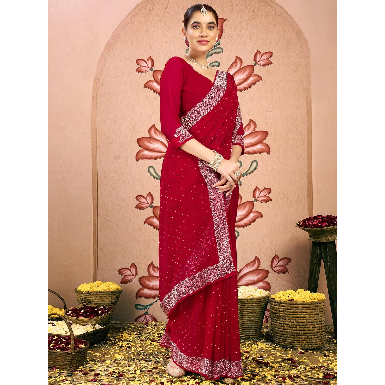 Satrani Women's Georgette Stone Work Saree With Unstitched Blouse Piece (4085S184N_Red1)