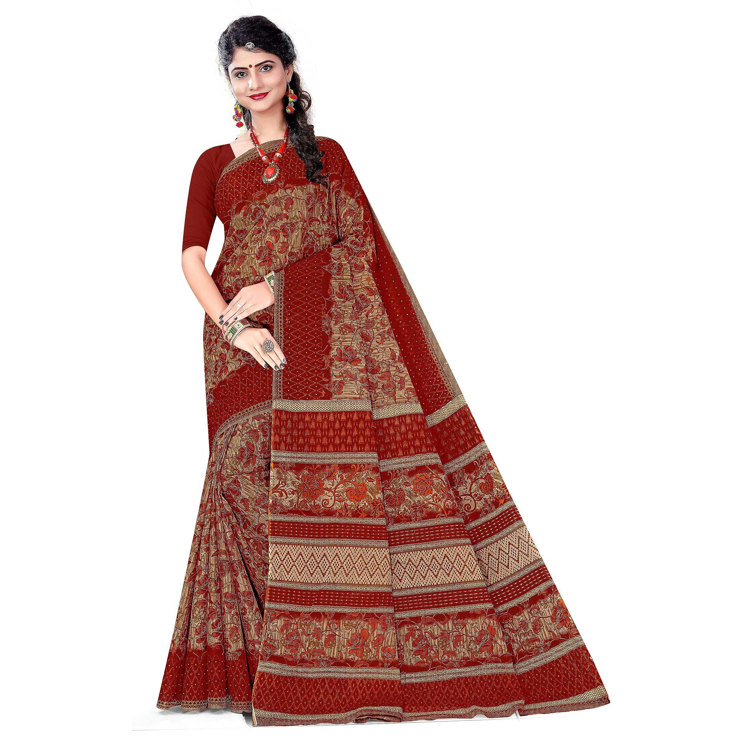 Tamaira Fashion Women's Plain Weave Floral Print Pure Cotton Saree Without Blouse Piece(11146_Beige&Rust)