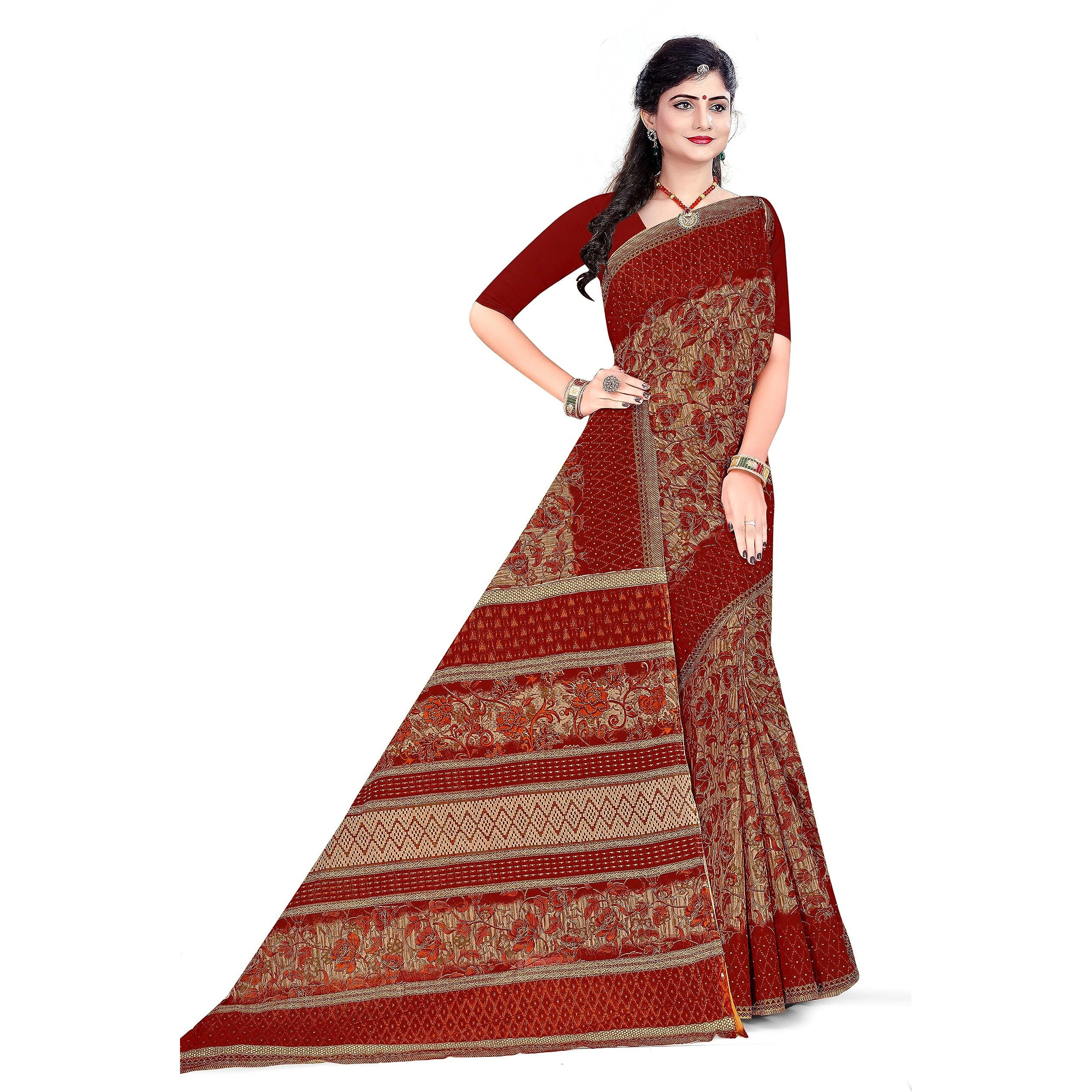 Tamaira Fashion Women's Plain Weave Floral Print Pure Cotton Saree Without Blouse Piece(11146_Beige&Rust)