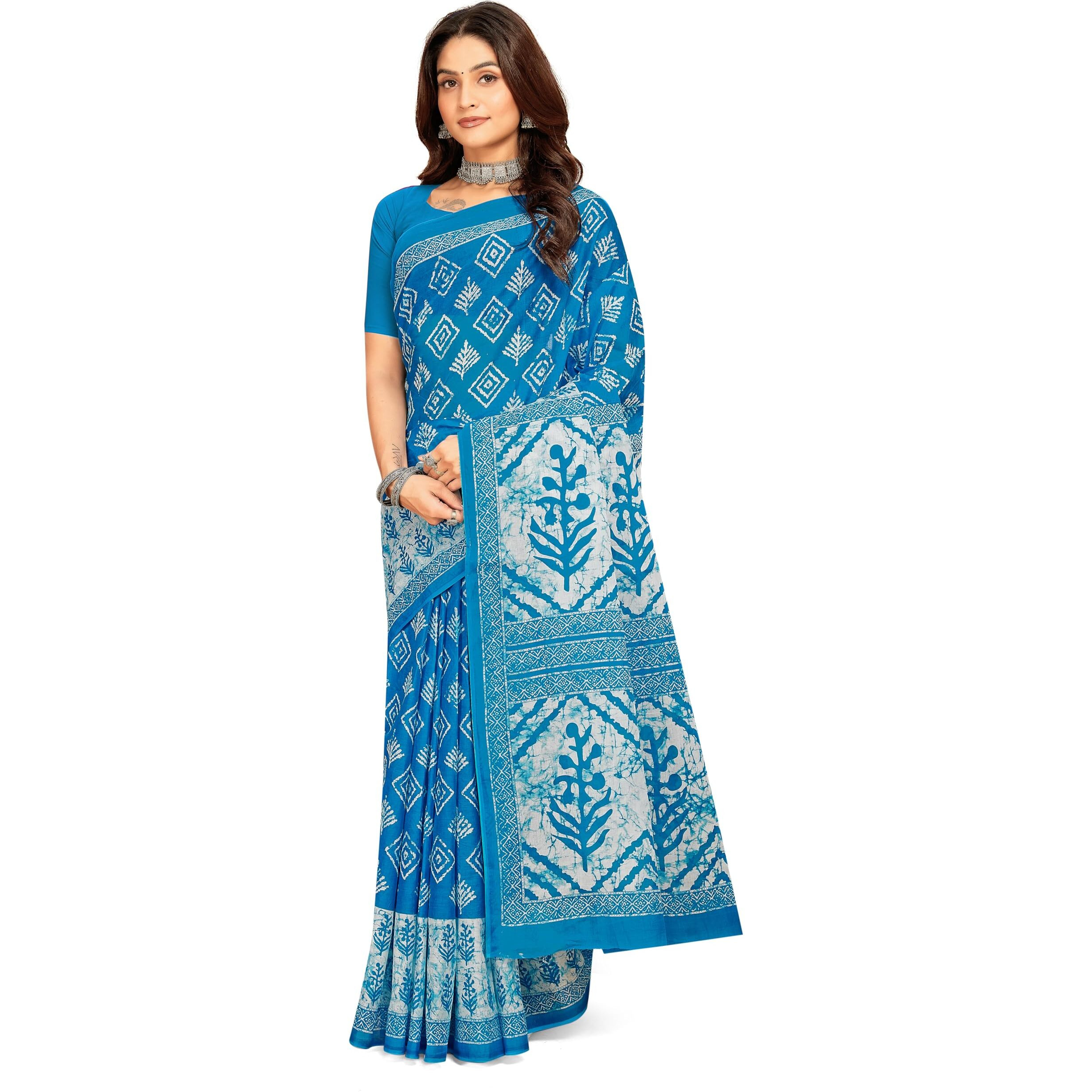 Tamaira Fashion Women's Batik Printed Pure Cotton Mulmul Saree Without Blouse Piece(2480_Turquoise)