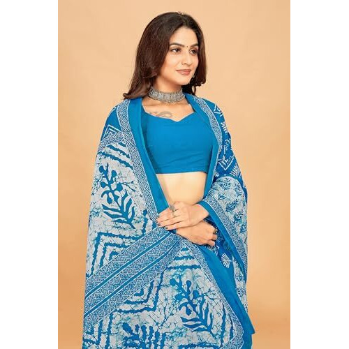 Tamaira Fashion Women's Batik Printed Pure Cotton Mulmul Saree Without Blouse Piece(2480_Turquoise)